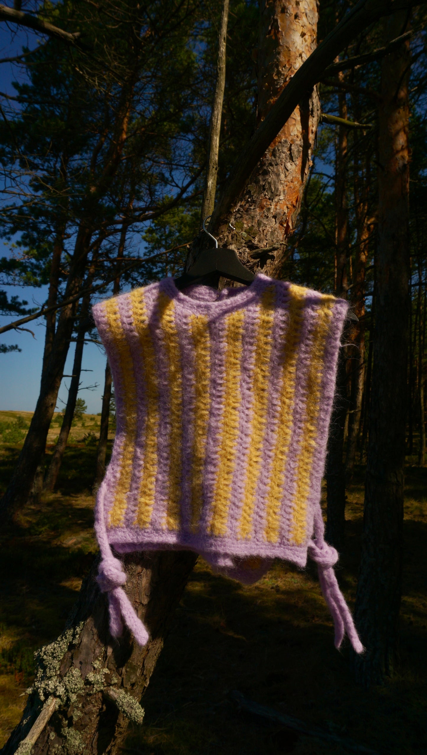 Fluffy striped crochet vest in yellow and purple