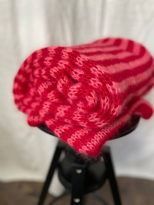 Big chunky striped mohair scarf in red and pink colors