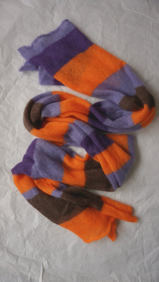 Thin wide mohair scarf in orange, brown and purple shades