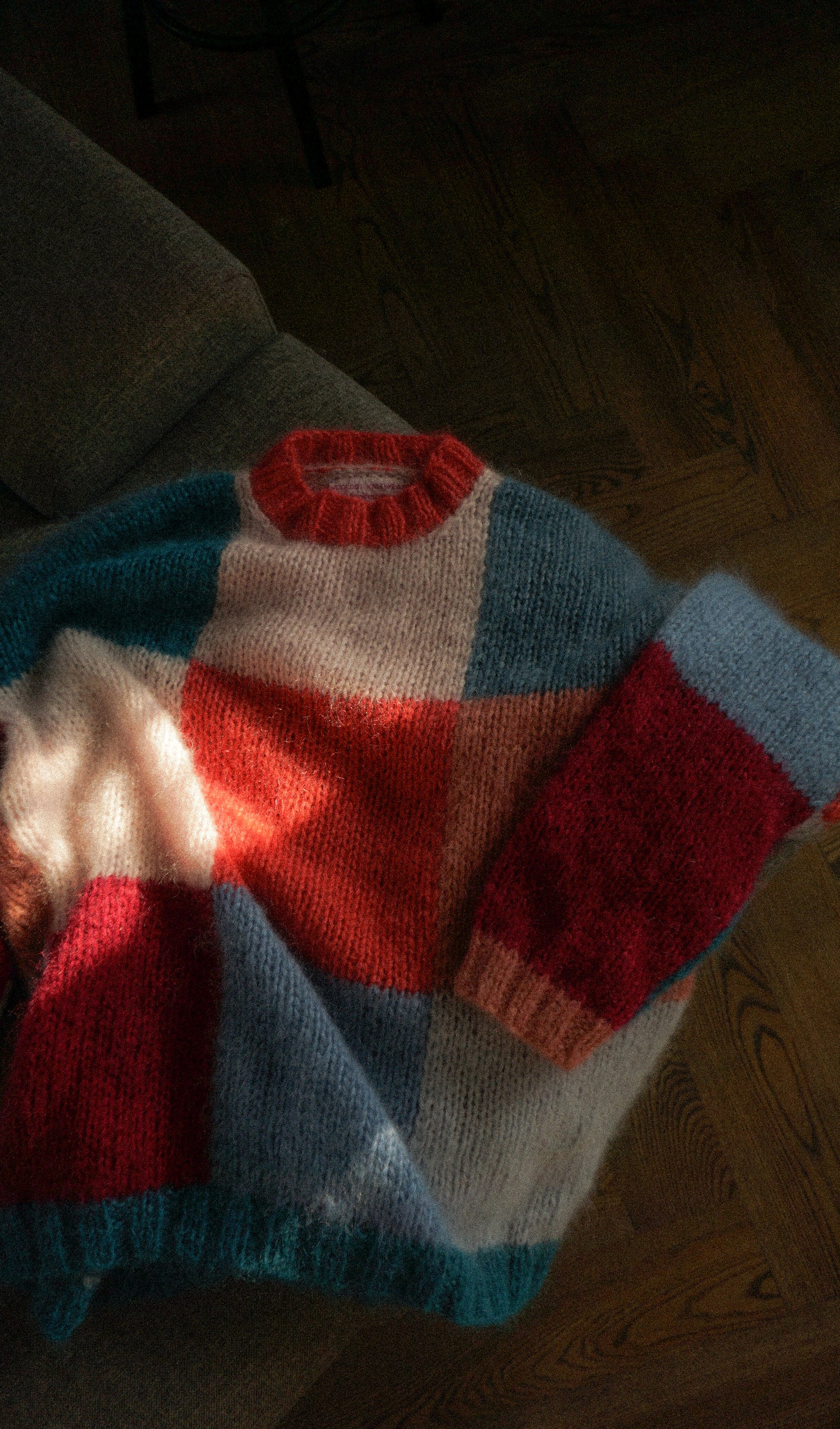 Knitted mohair sweater in pink and blue squares