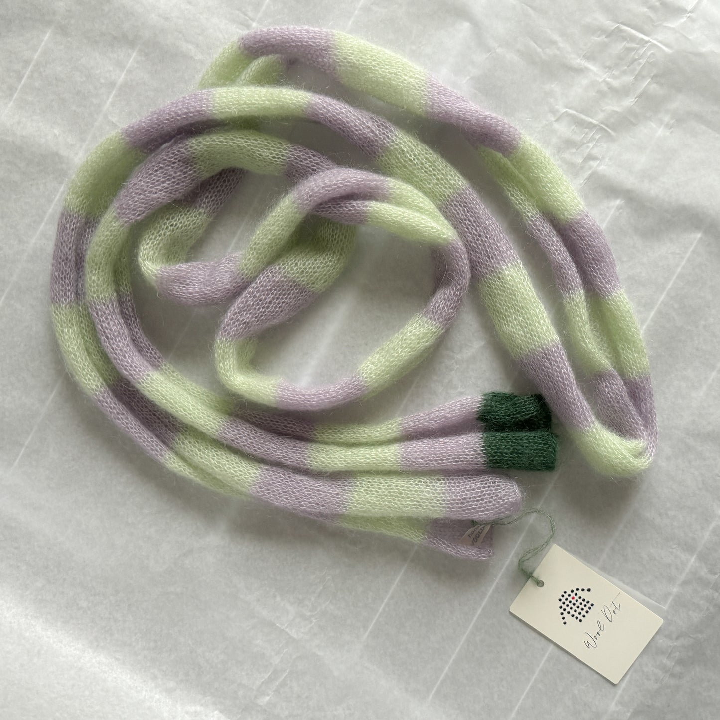 Skinny mohair scarf light purple and mint green stripes