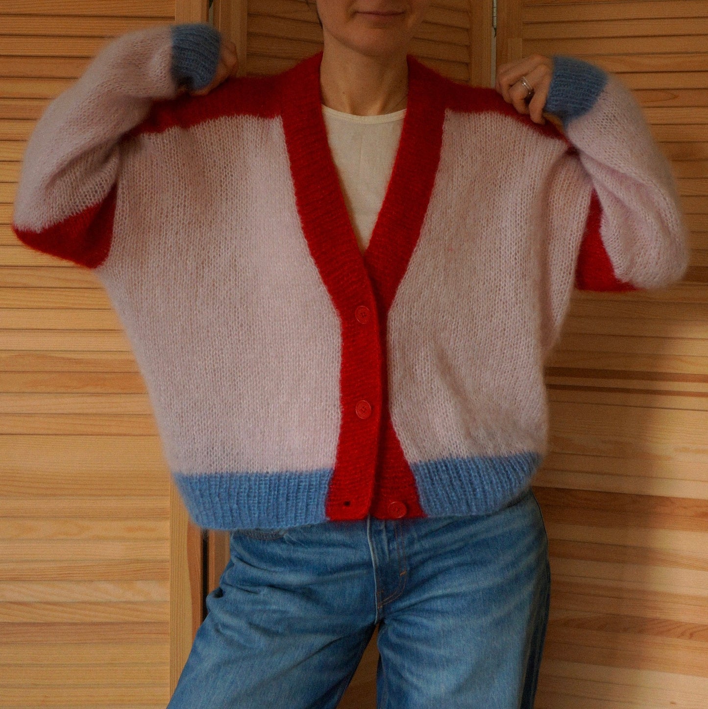 Light pink red and blue knitted mohair cardigan