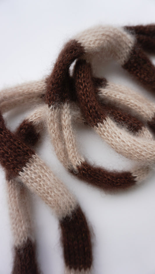 Small skinny mohair scarf sand dark brown stripes