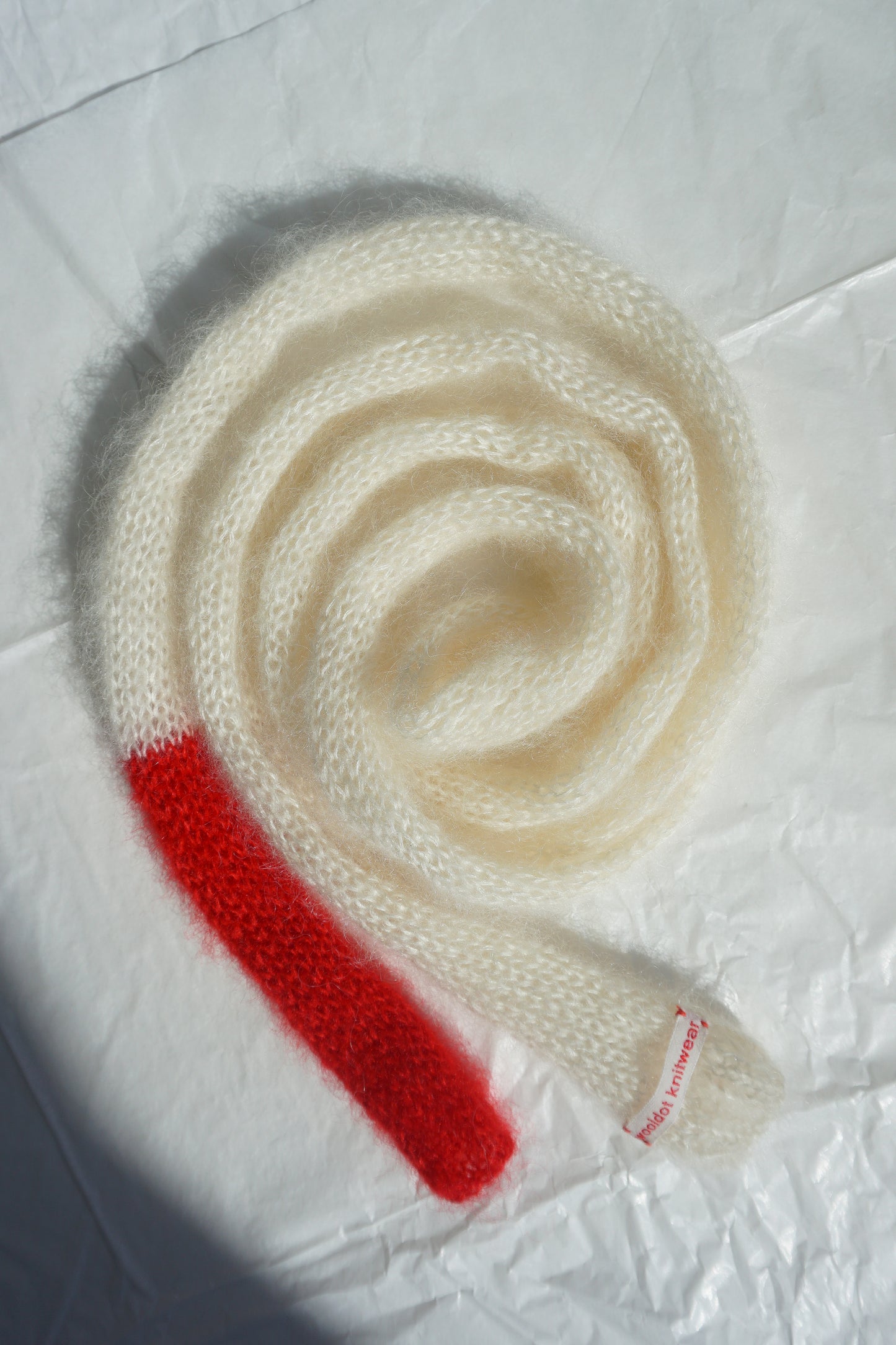 Small skinny white mohair scarf with bright red tip