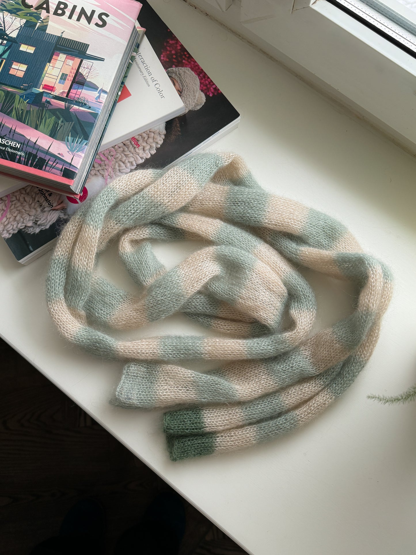 Skinny mohair scarf sand and sage stripes