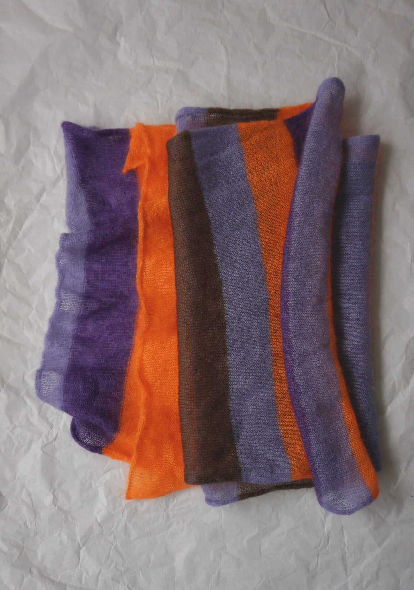 Thin wide mohair scarf in orange, brown and purple shades