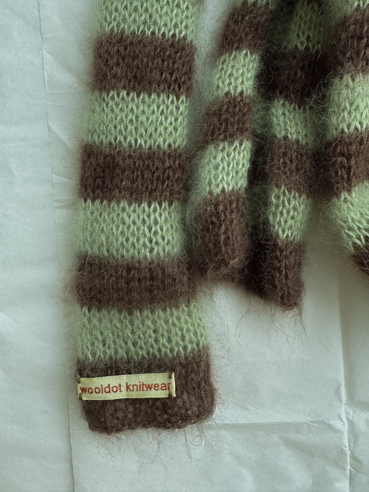 Slim mohair scarf brown and light green stripes