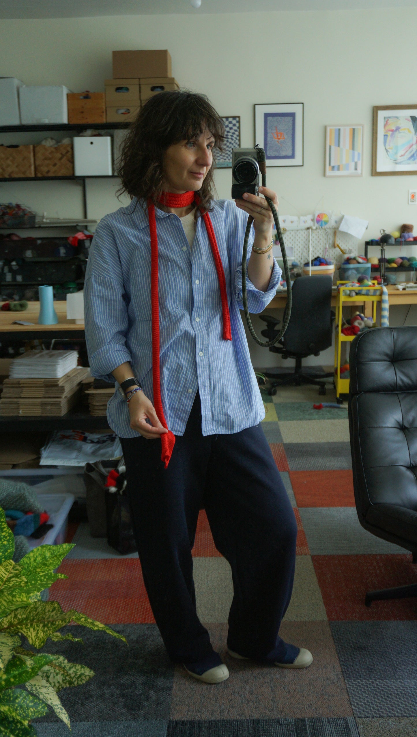 Slim silk summer scarf in bright red