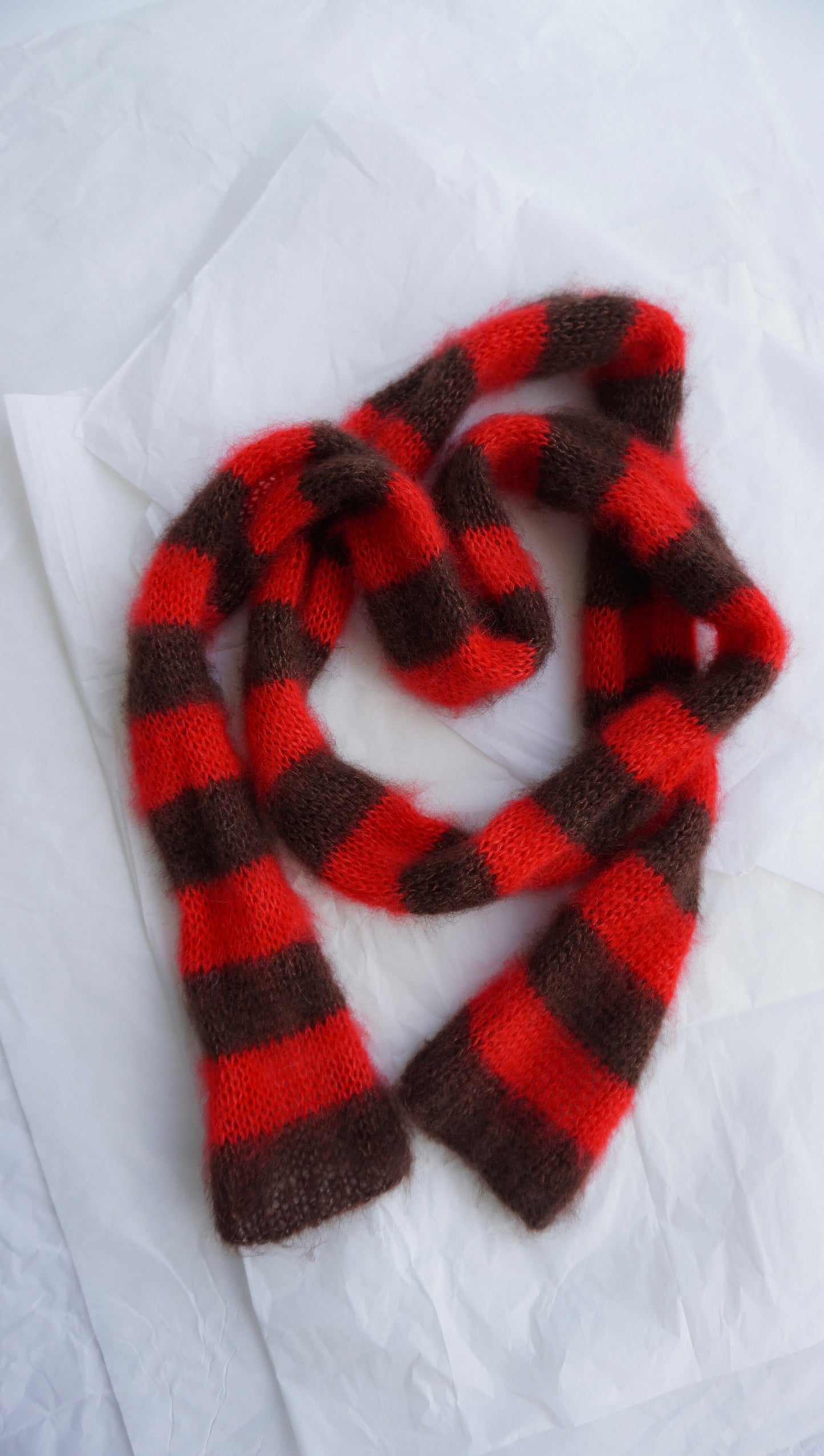 Slim mohair scarf dark brown and bright red stripes