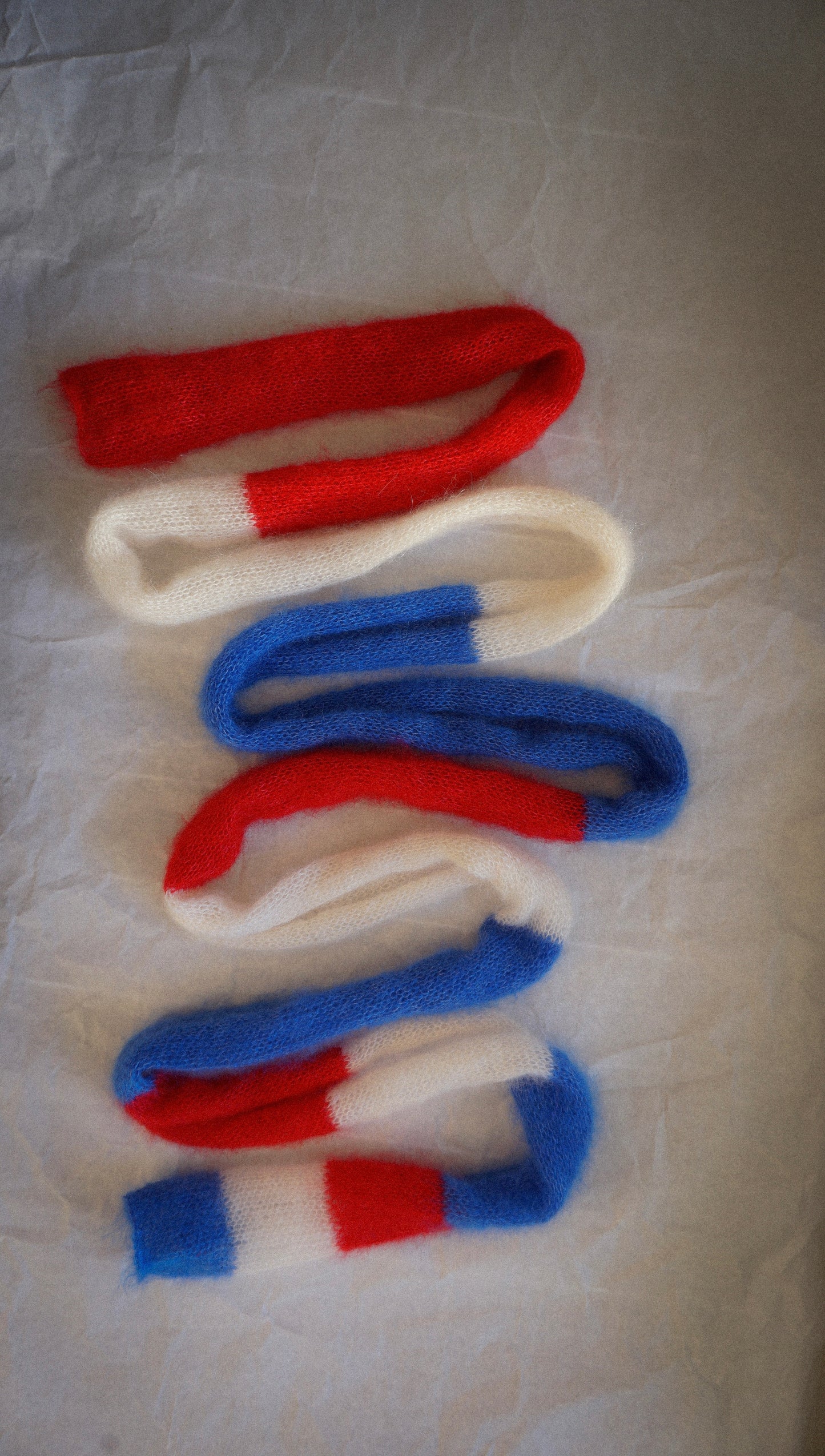 Skinny long mohair scarf white, blue and red stripes