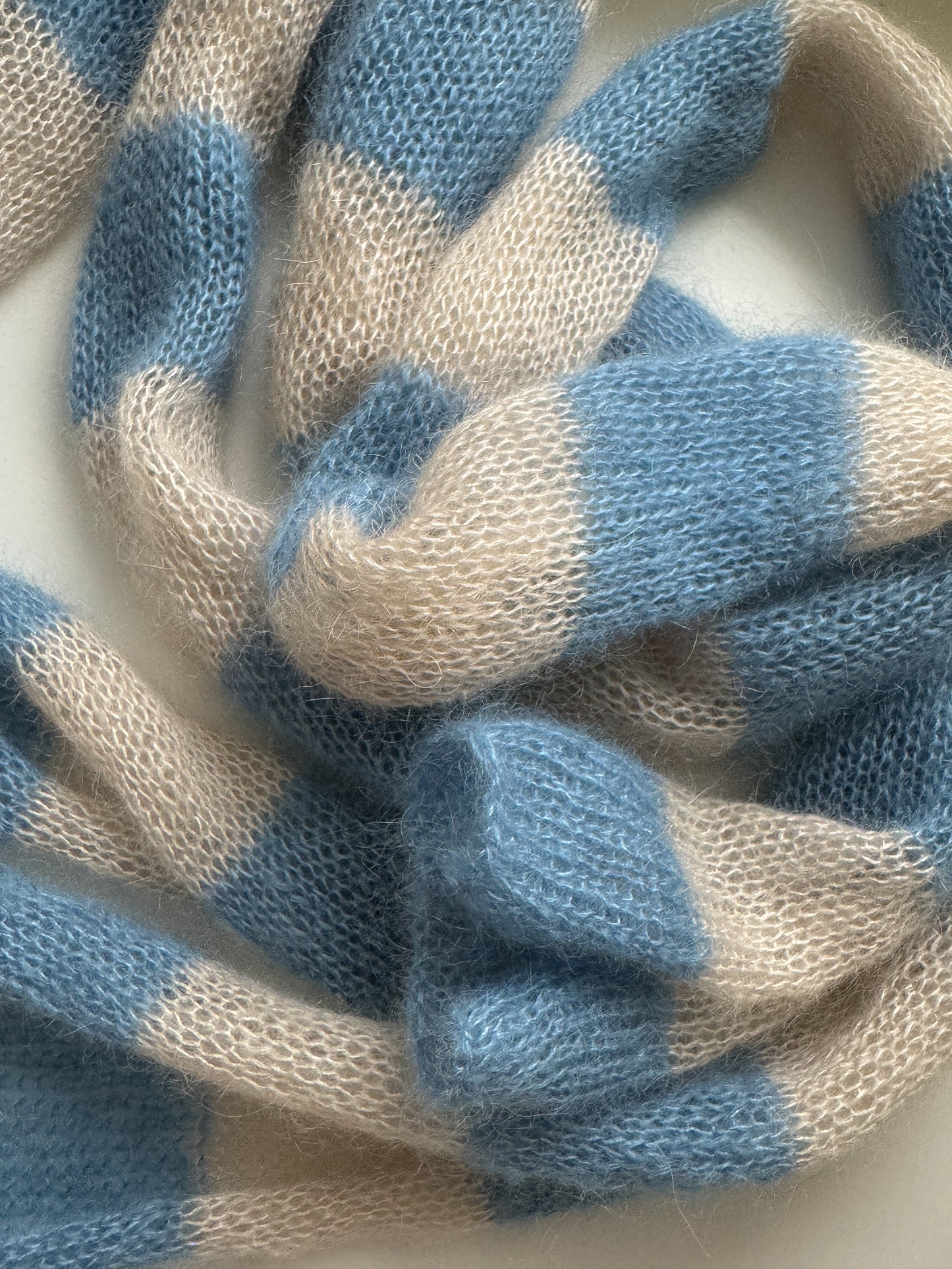 Skinny mohair scarf sand and light blue stripes