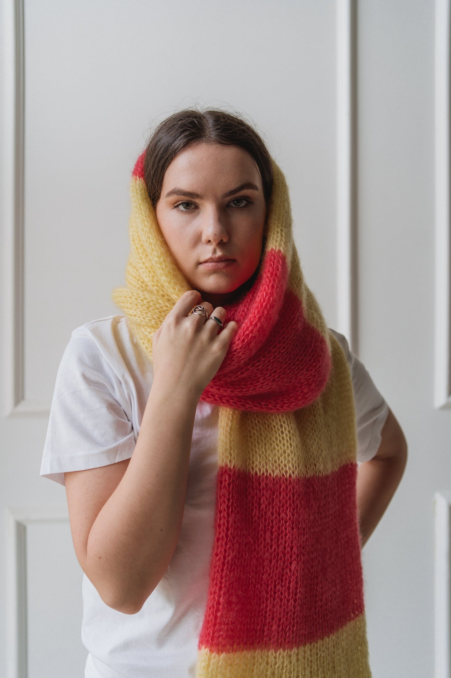 big soft fluffy mohair scarf yellow and bright pink