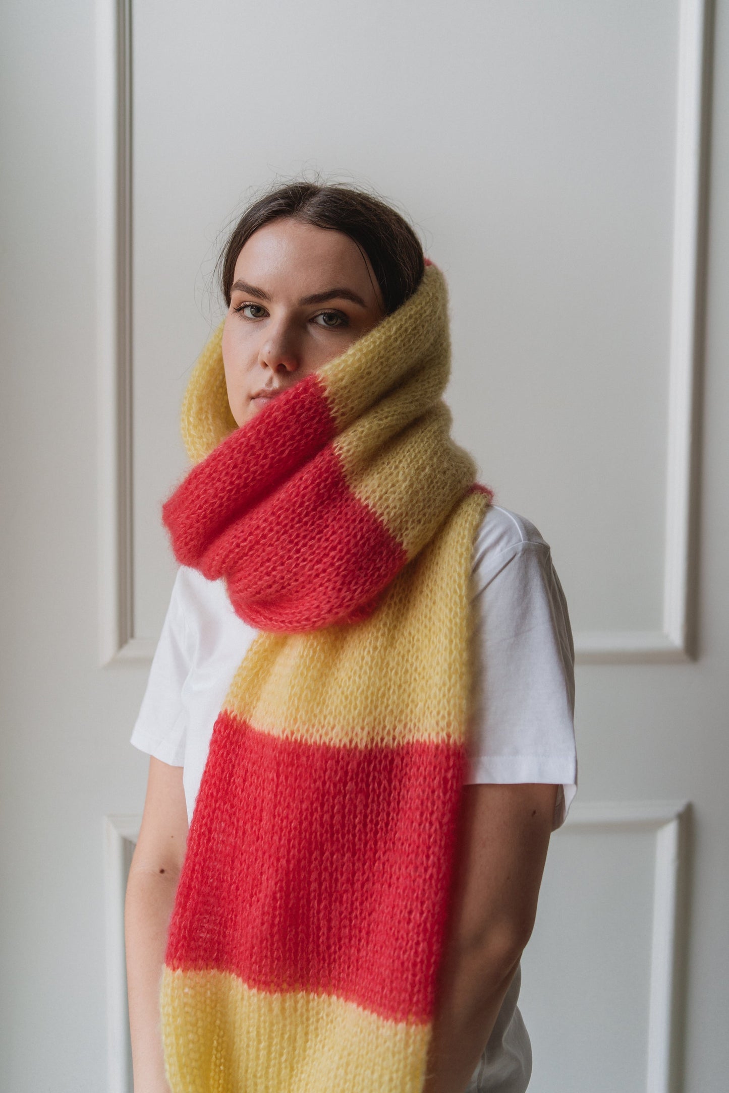 big soft fluffy mohair scarf yellow and bright pink