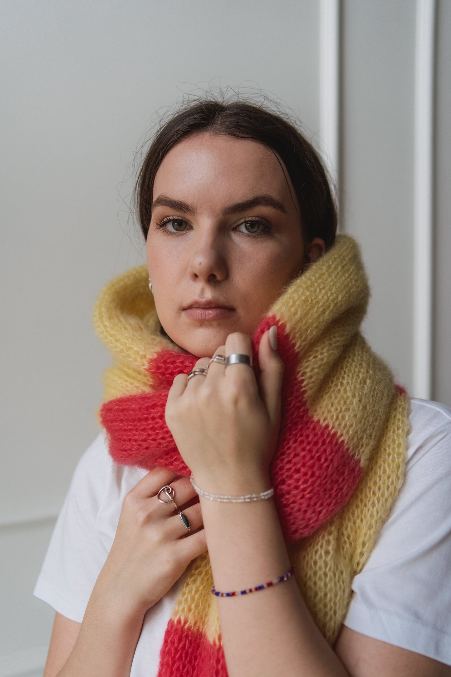 big soft fluffy mohair scarf yellow and bright pink