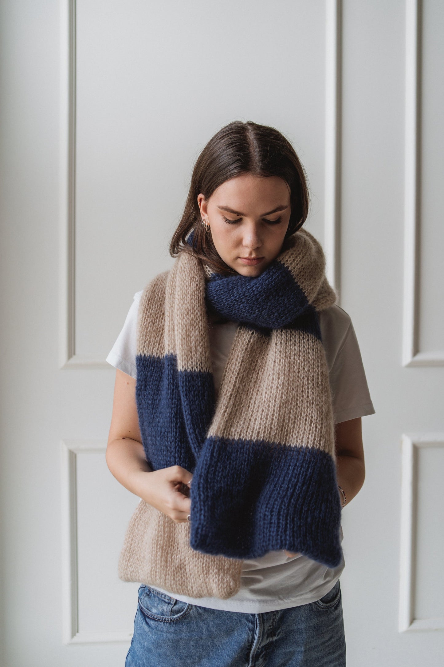 big soft mohair scarf dark blue and beige