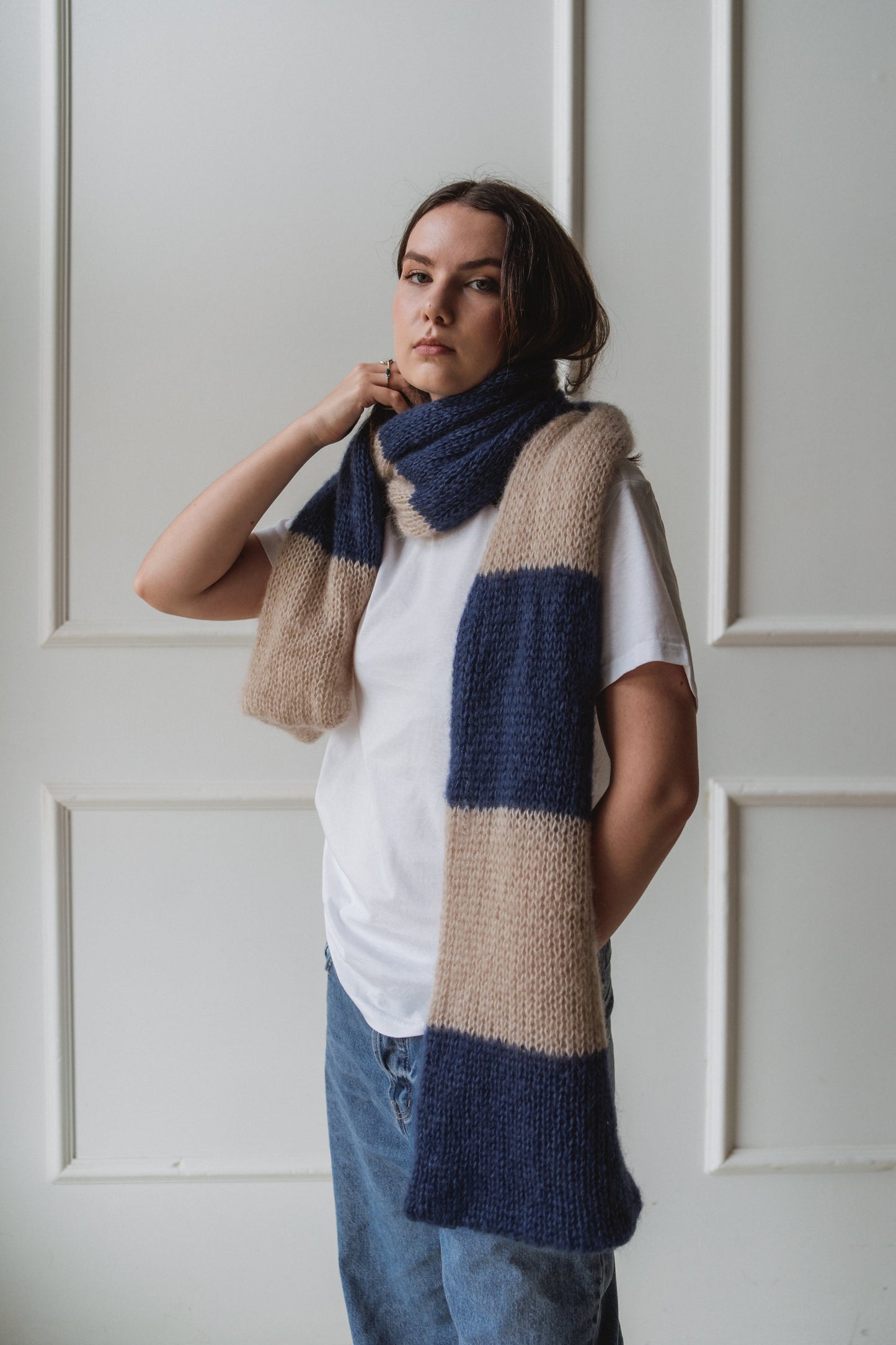 big soft mohair scarf dark blue and beige