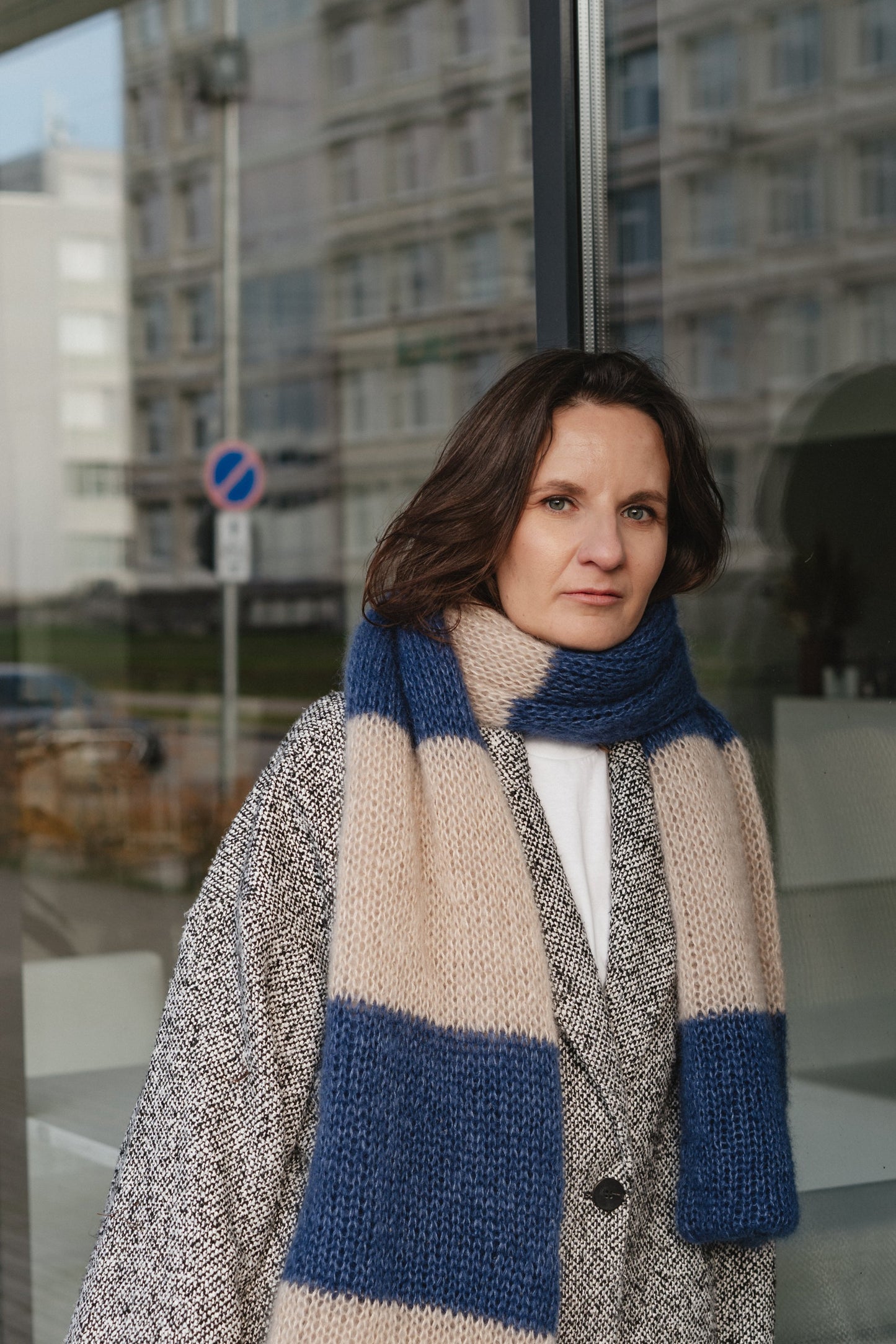 big soft mohair scarf dark blue and beige