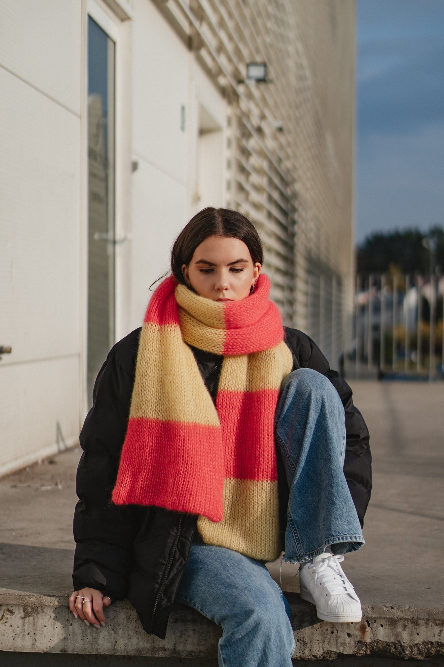 big soft fluffy mohair scarf yellow and bright pink