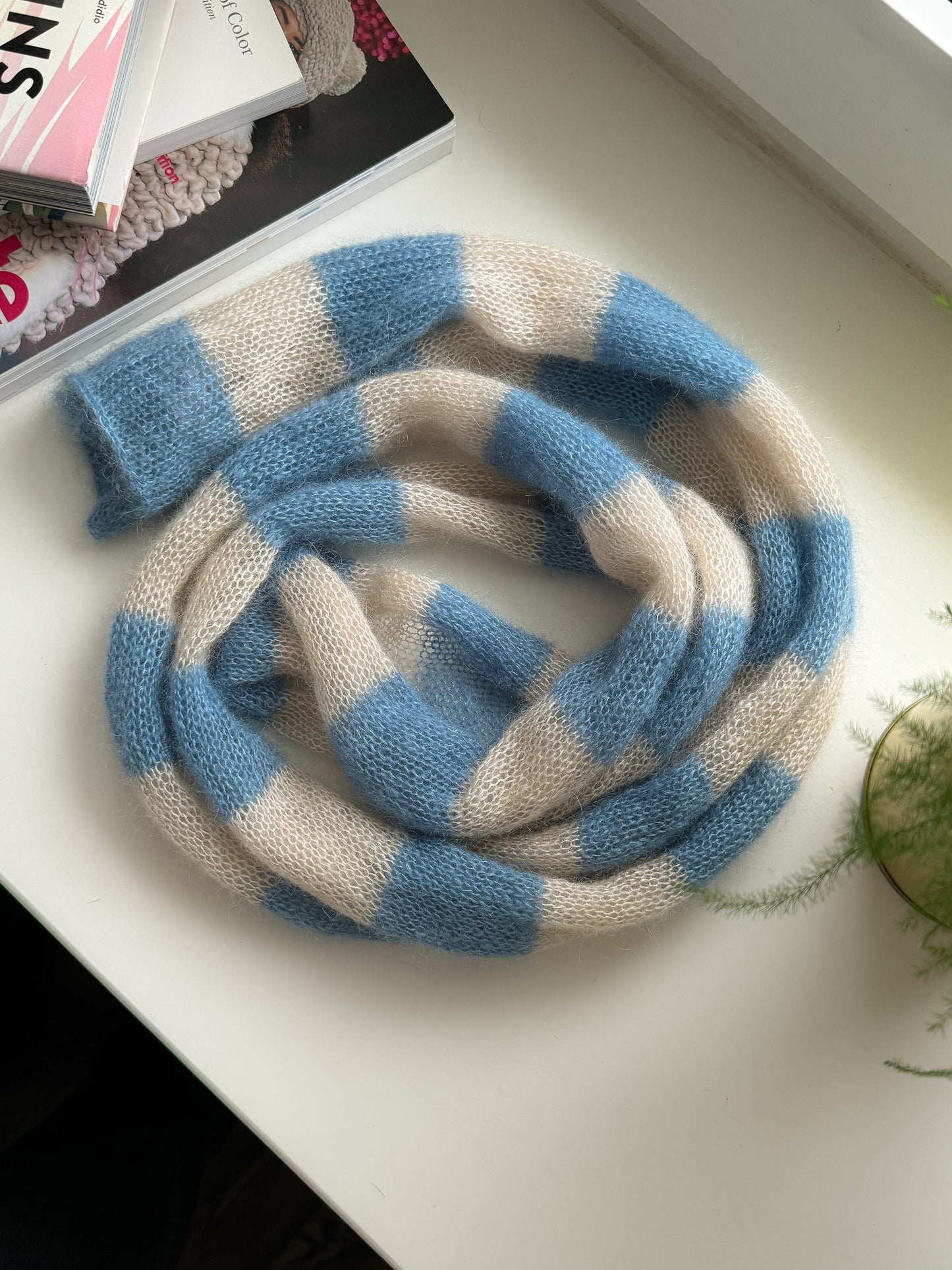 Skinny mohair scarf sand and light blue stripes