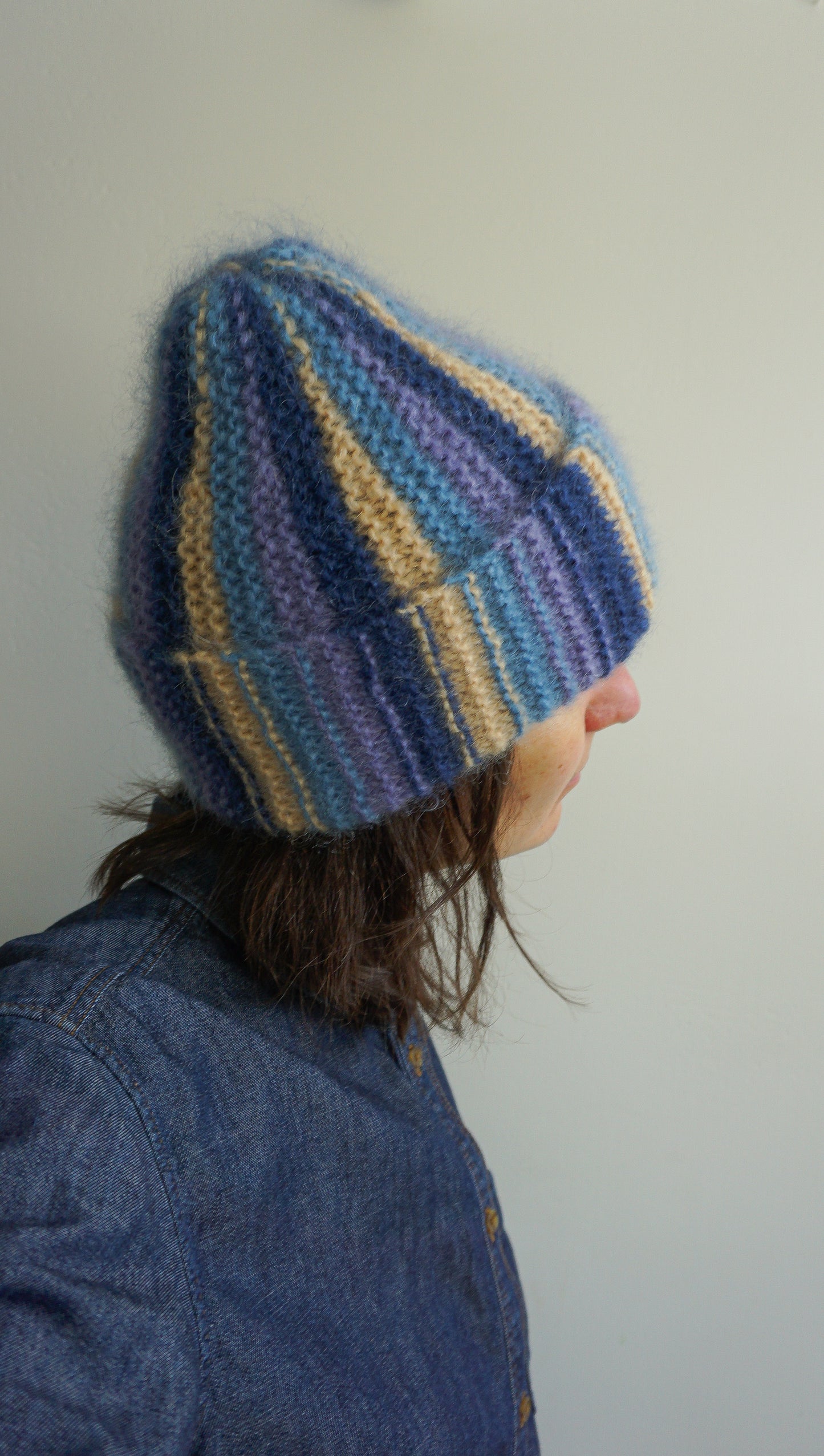 Colorful mohair beanie in blue purple and yellow stripes