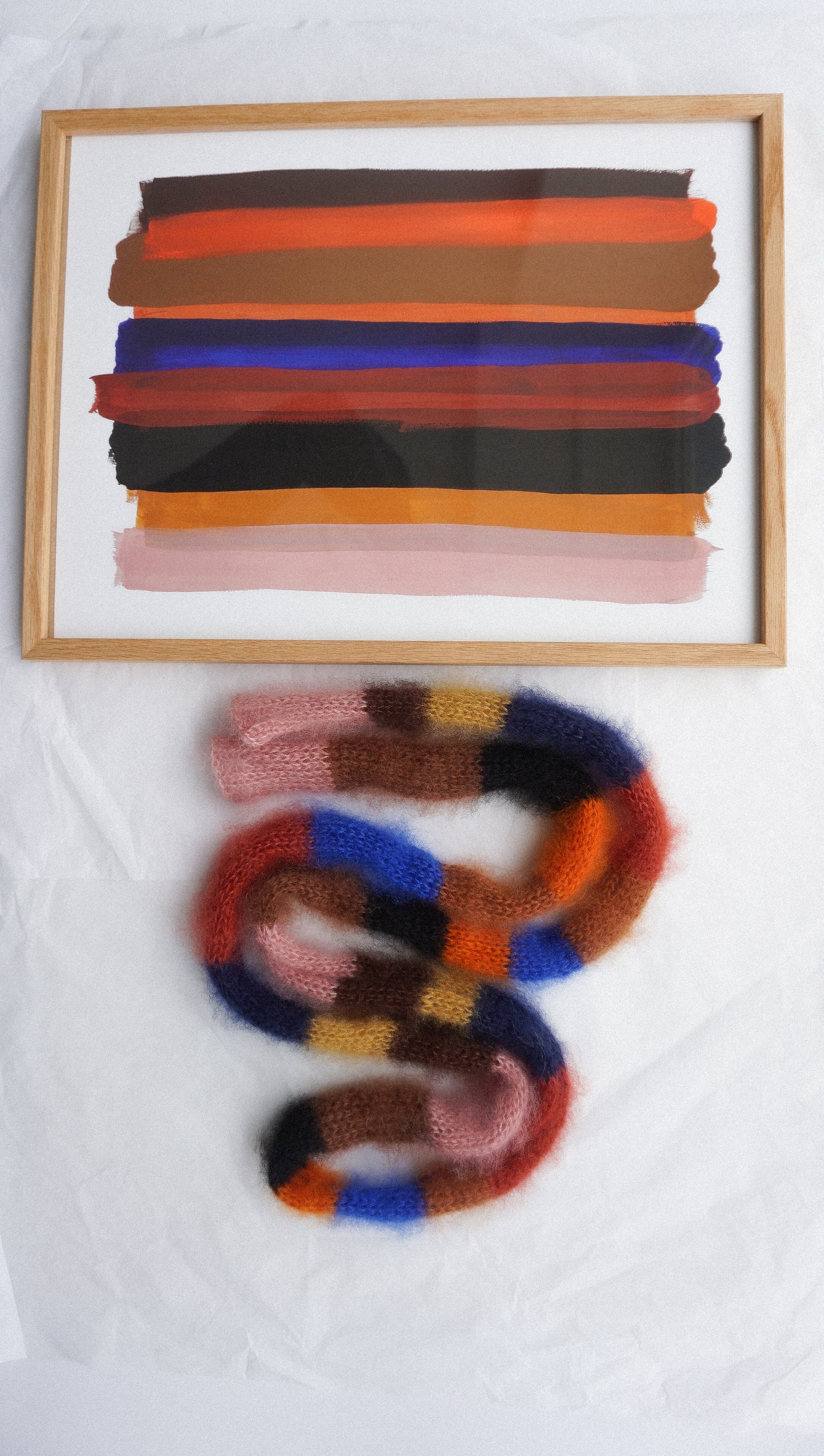 Small skinny mohair scarf blue brown orange stripes