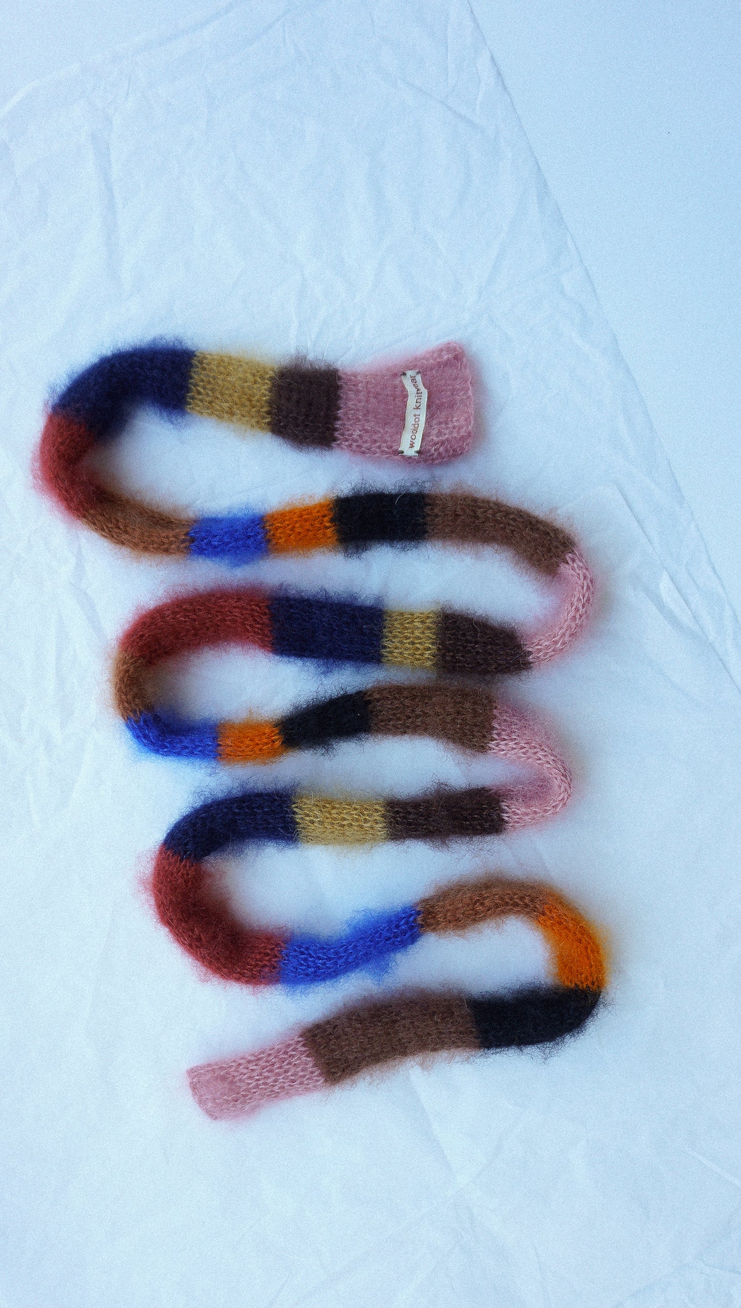 Small skinny mohair scarf blue brown orange stripes