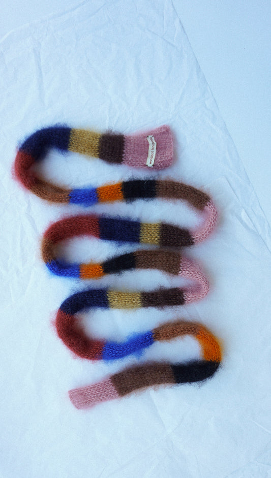 Small skinny mohair scarf blue brown orange stripes