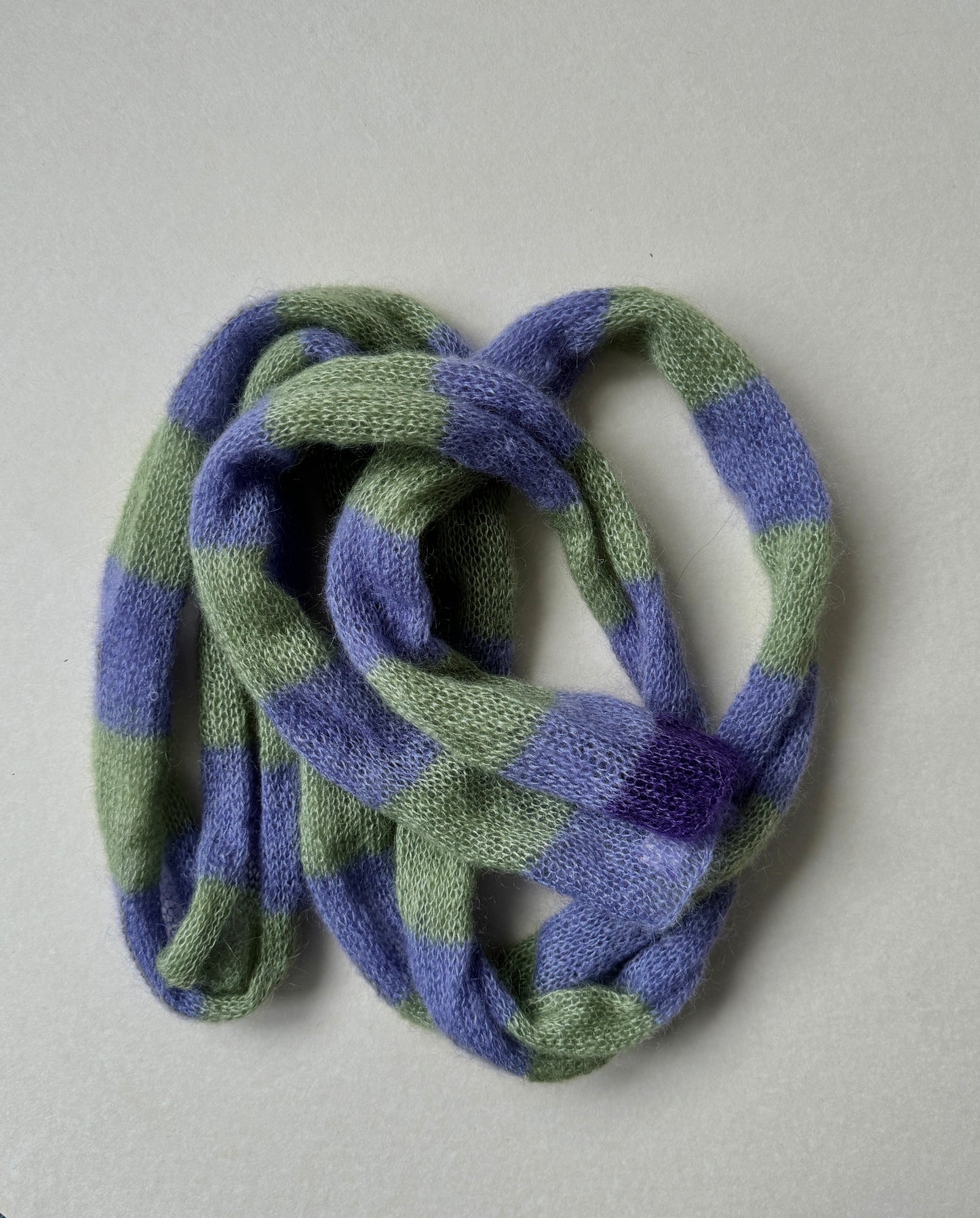 Skinny mohair scarf purple and green stripes