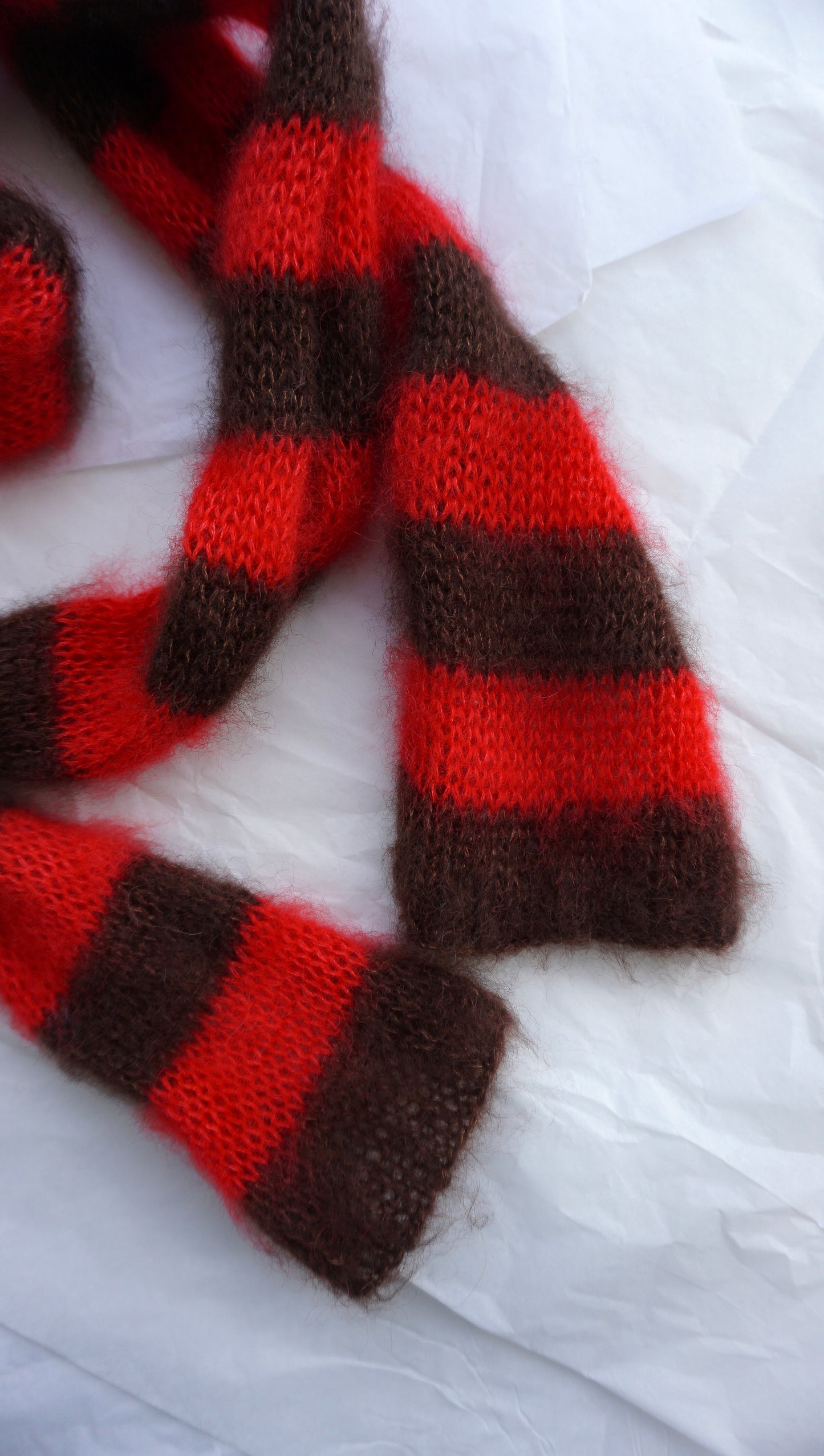 Slim mohair scarf dark brown and bright red stripes