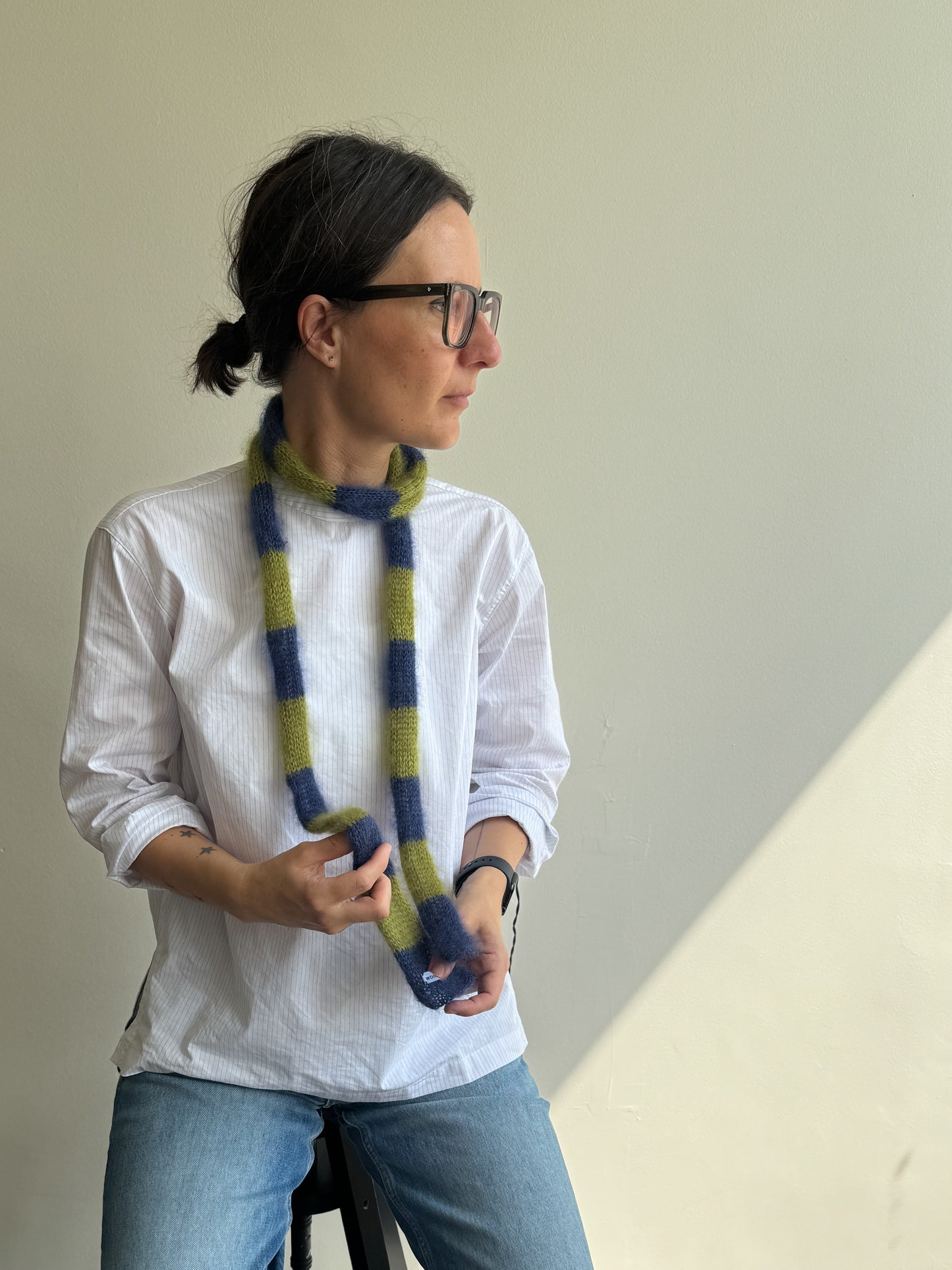 Small skinny mohair scarf dark blue and green stripes
