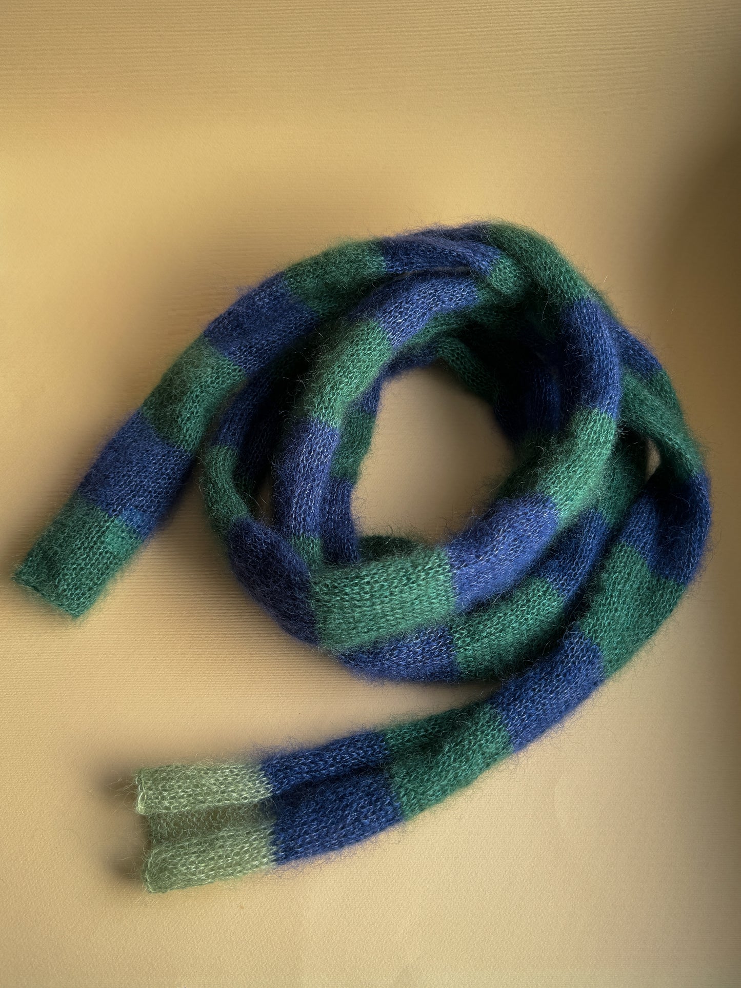 Skinny mohair scarf dark green and blue stripes