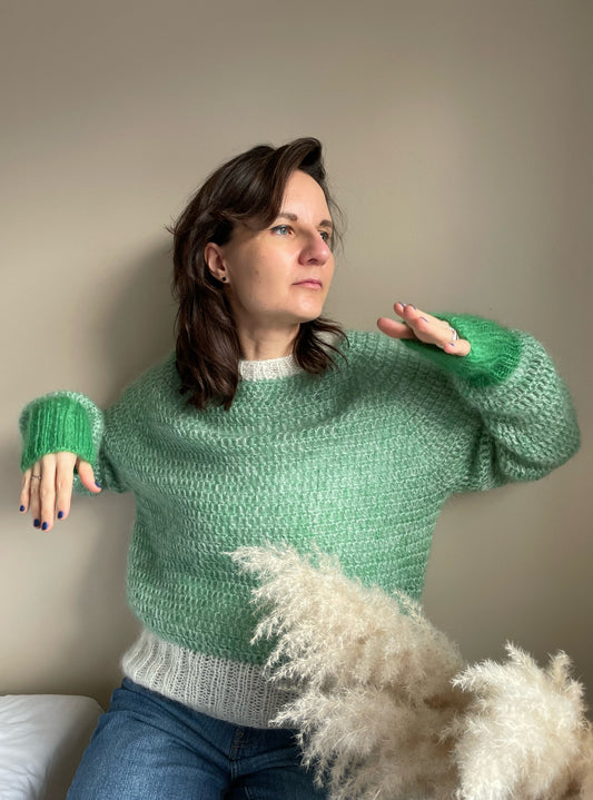 Melange white green crochet mohair sweater with contrasting cuffs