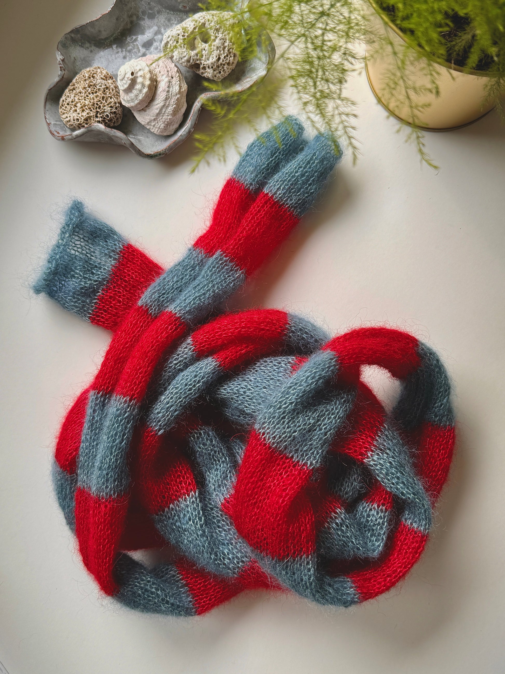 skinny red and blue mohair silk scarf