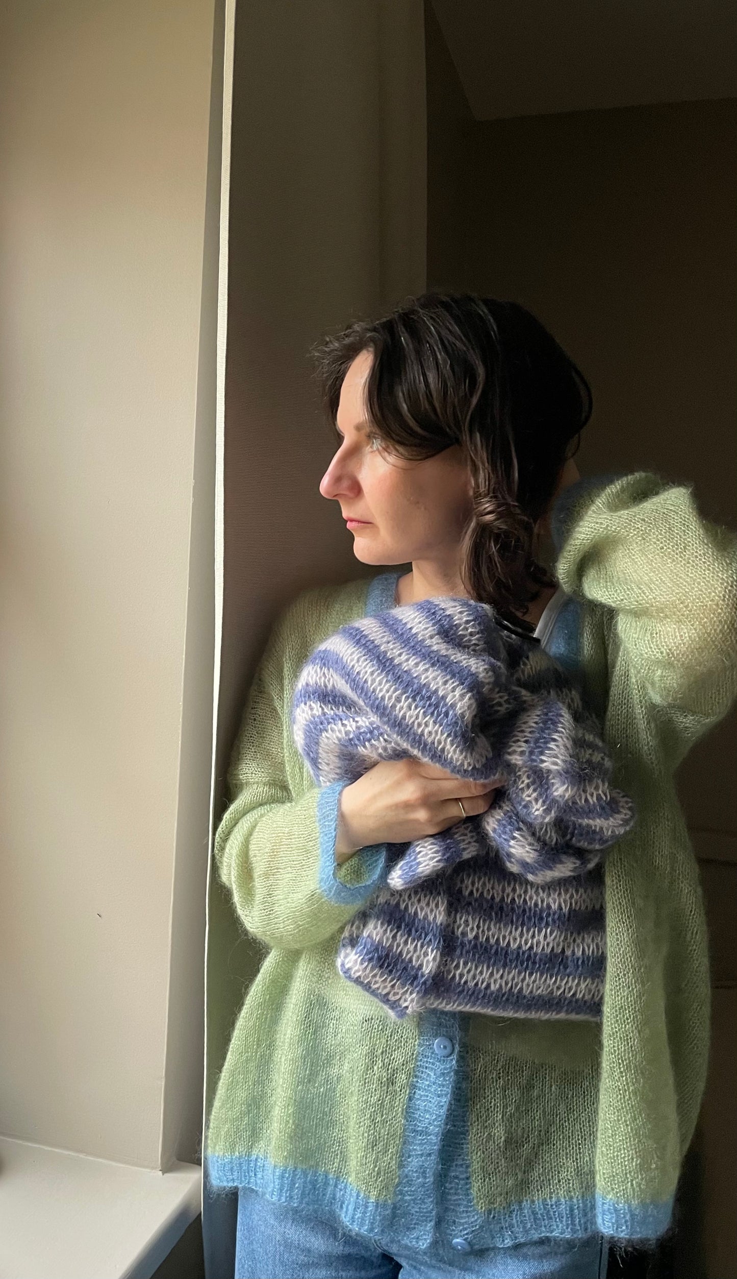 big chunky striped mohair scarf in blue and white