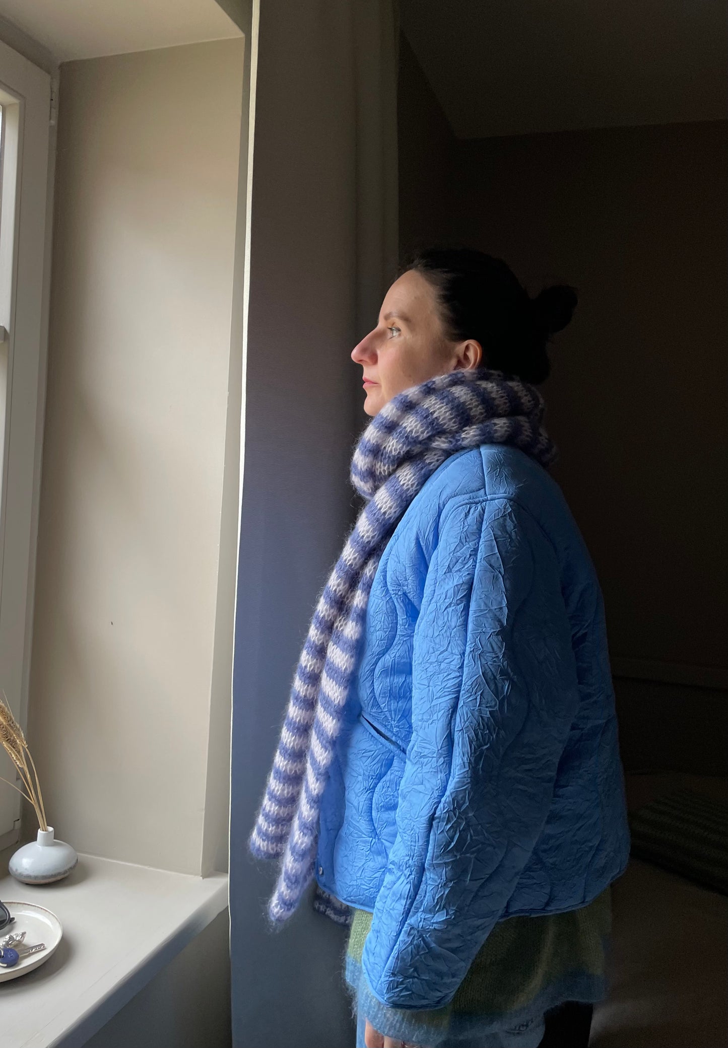 big chunky striped mohair scarf in blue and white