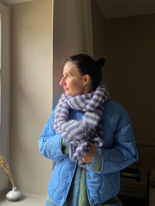 big chunky striped mohair scarf in blue and white