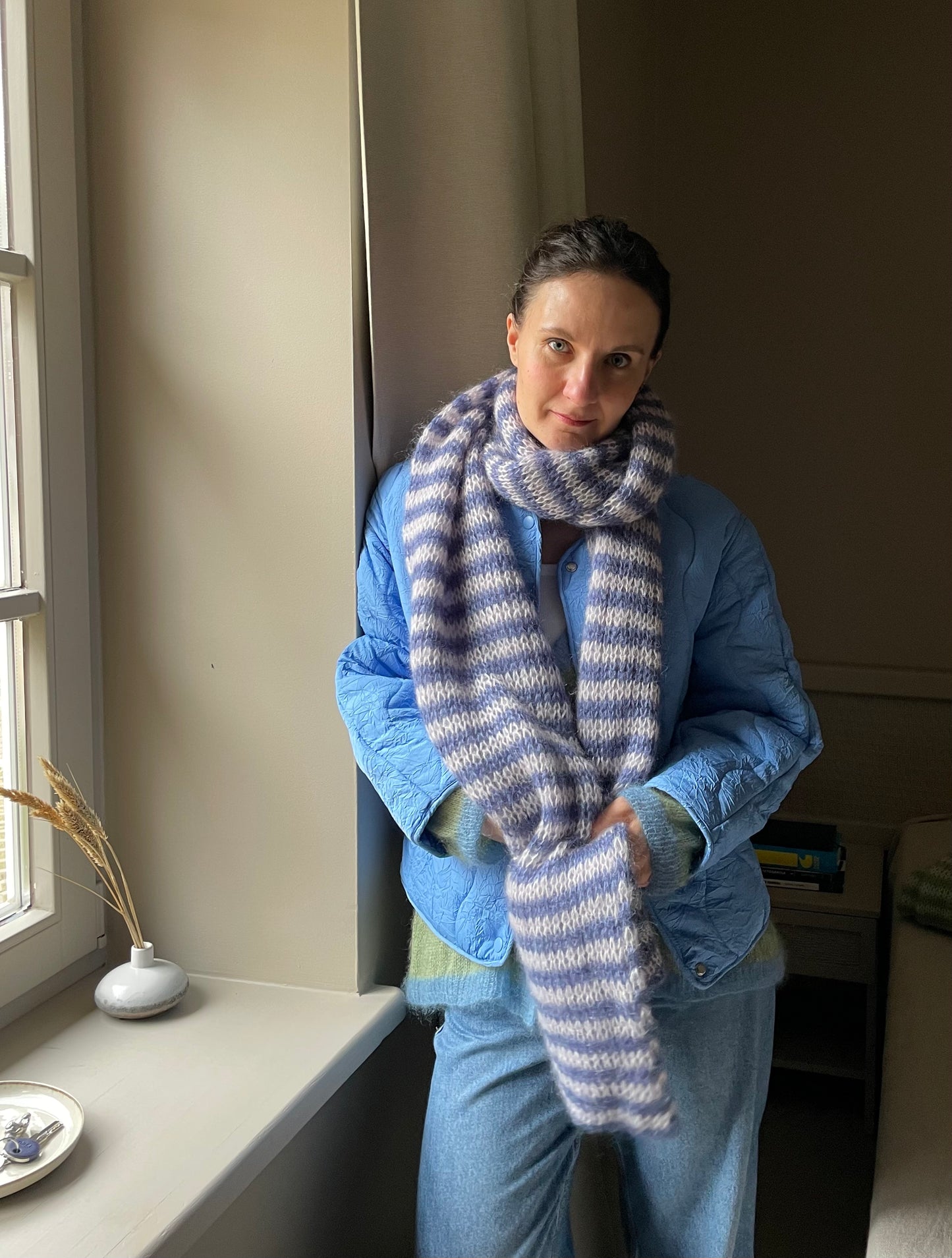 big chunky striped mohair scarf in blue and white