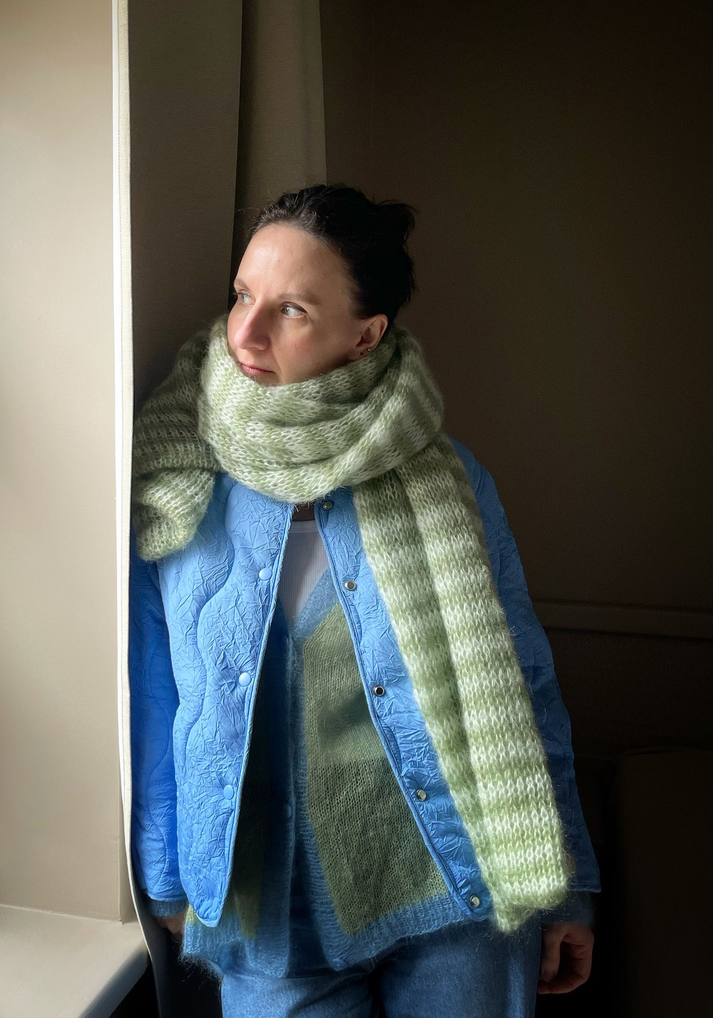 big chunky striped mohair scarf in green shades