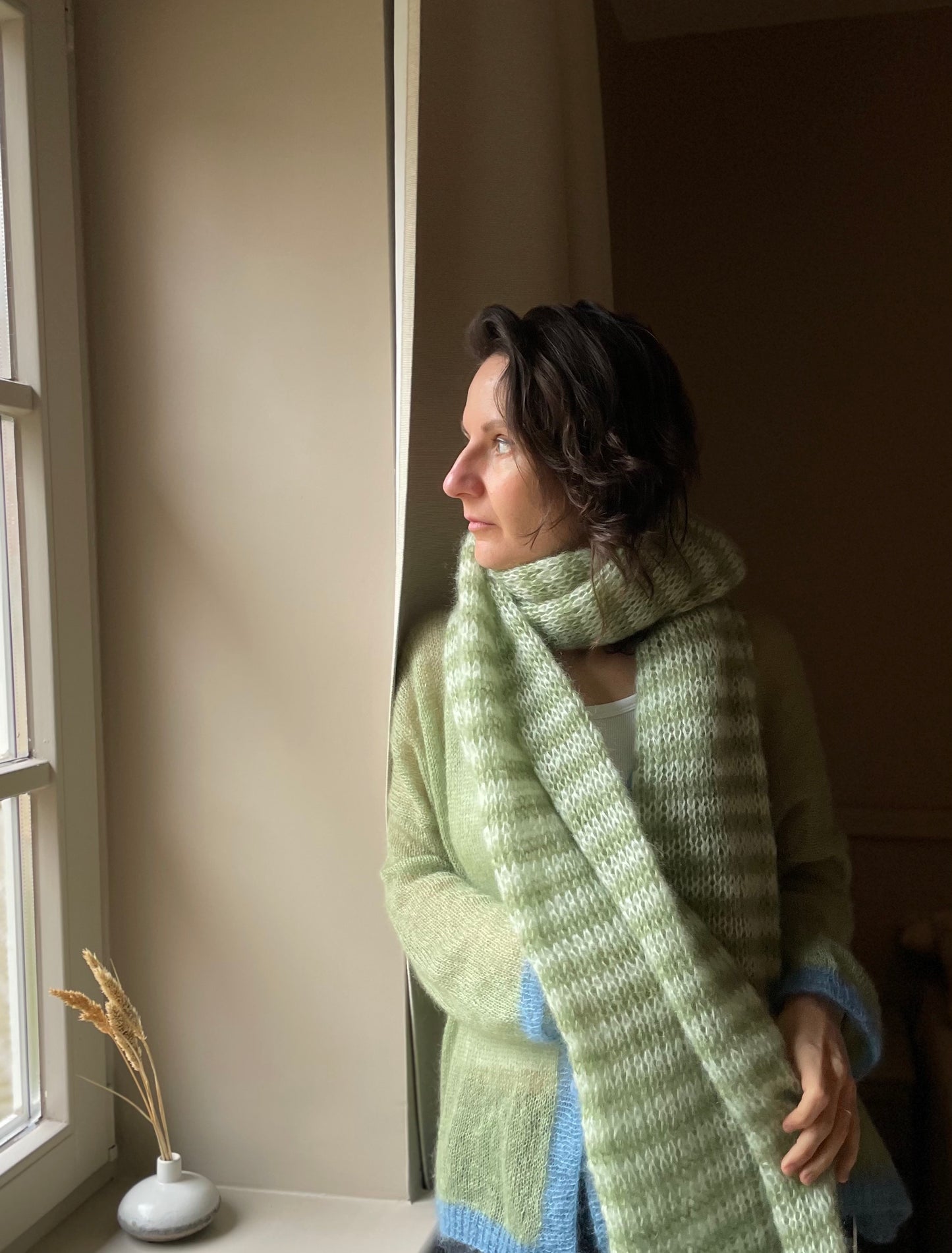 big chunky striped mohair scarf in green shades