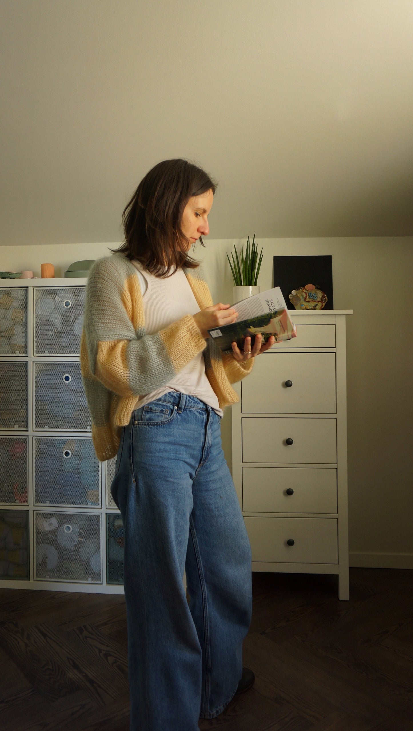 Striped summer cardigan JULY in yellow and sage