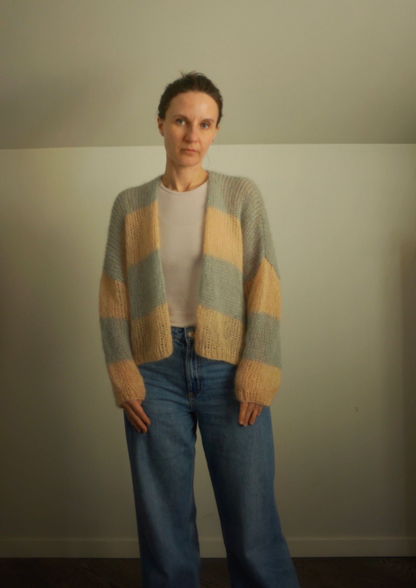 Striped summer cardigan JULY in yellow and sage