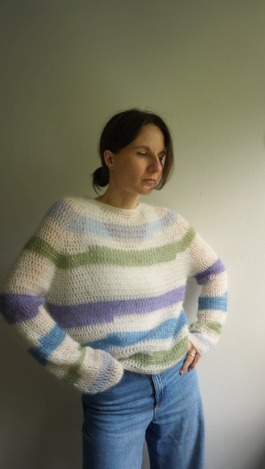 White crochet mohair sweater with stripes