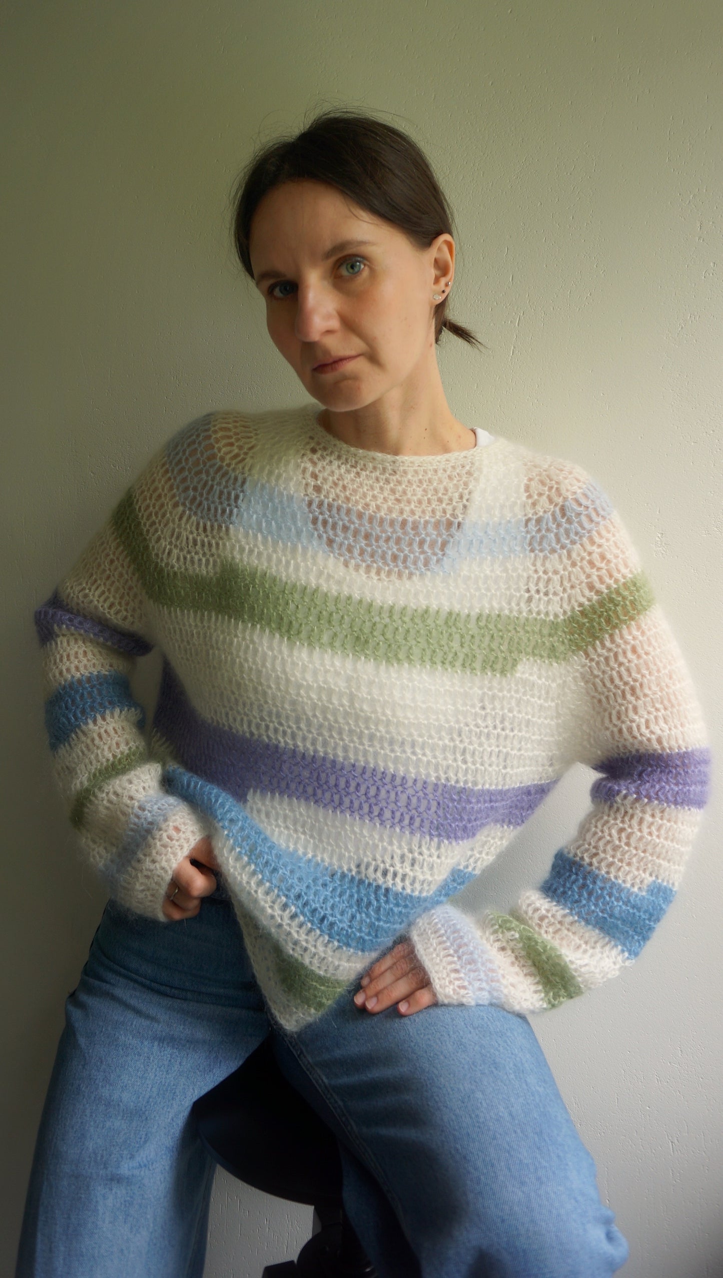 White crochet mohair sweater with stripes