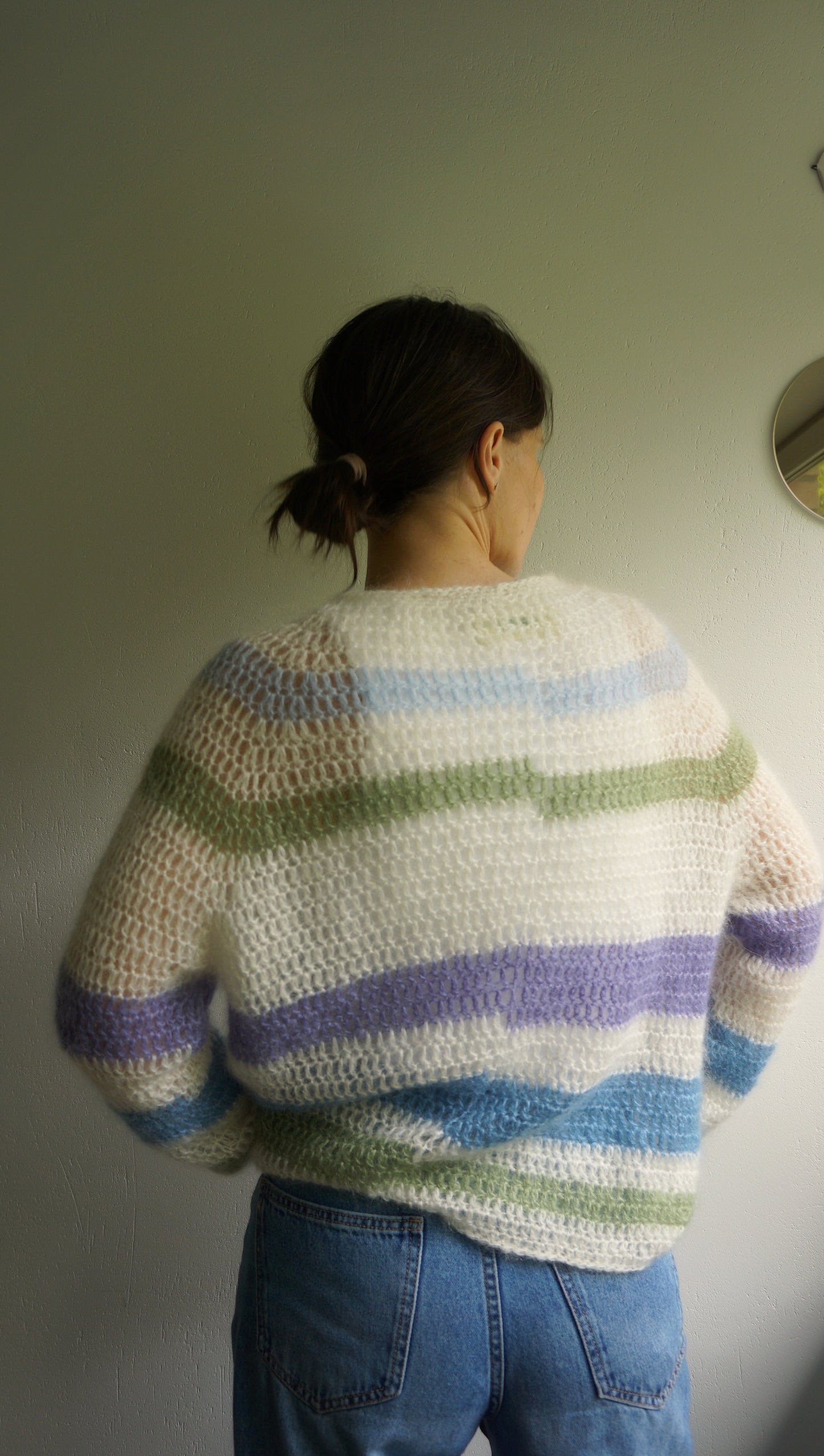 White crochet mohair sweater with stripes