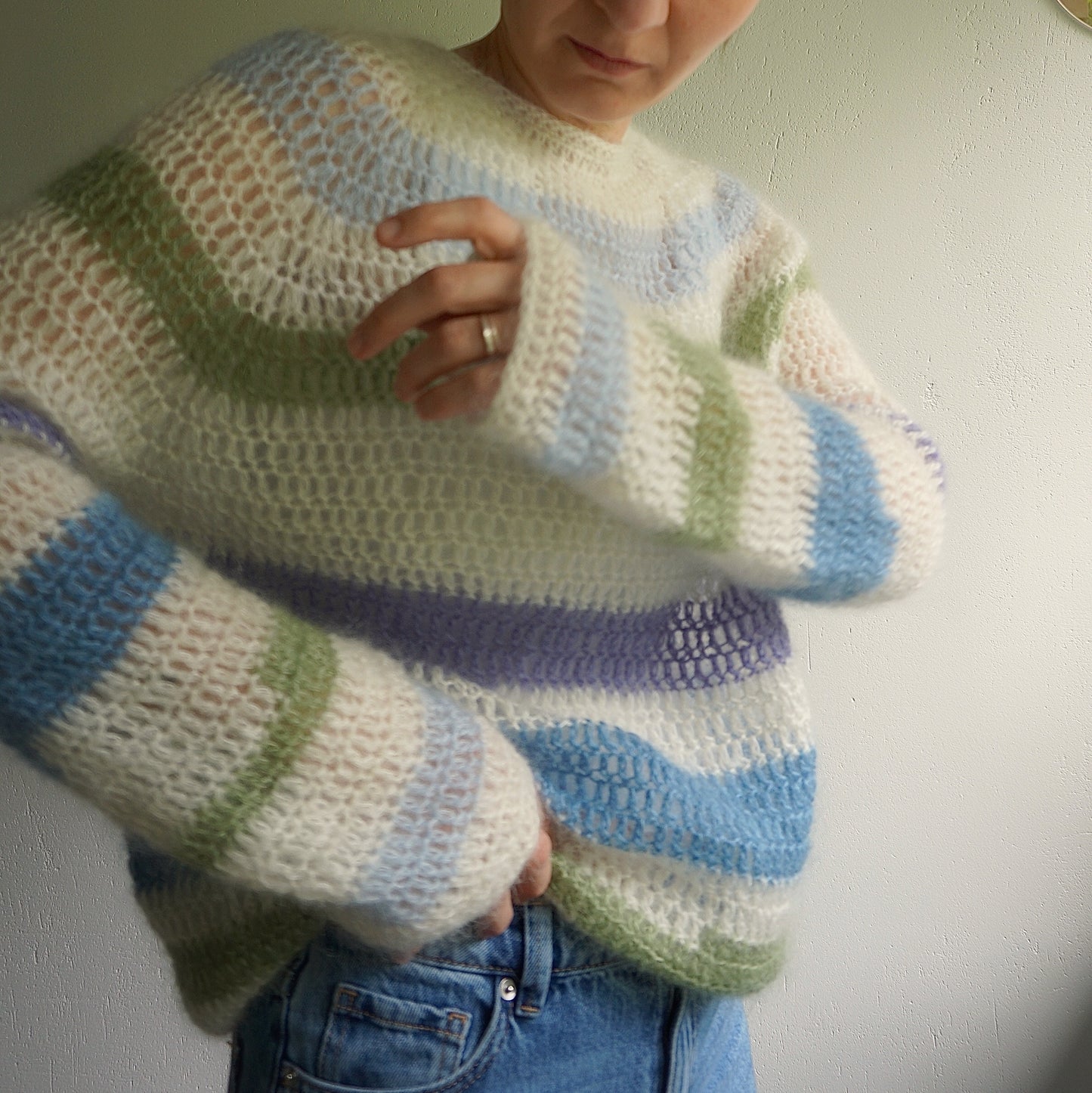White crochet mohair sweater with stripes