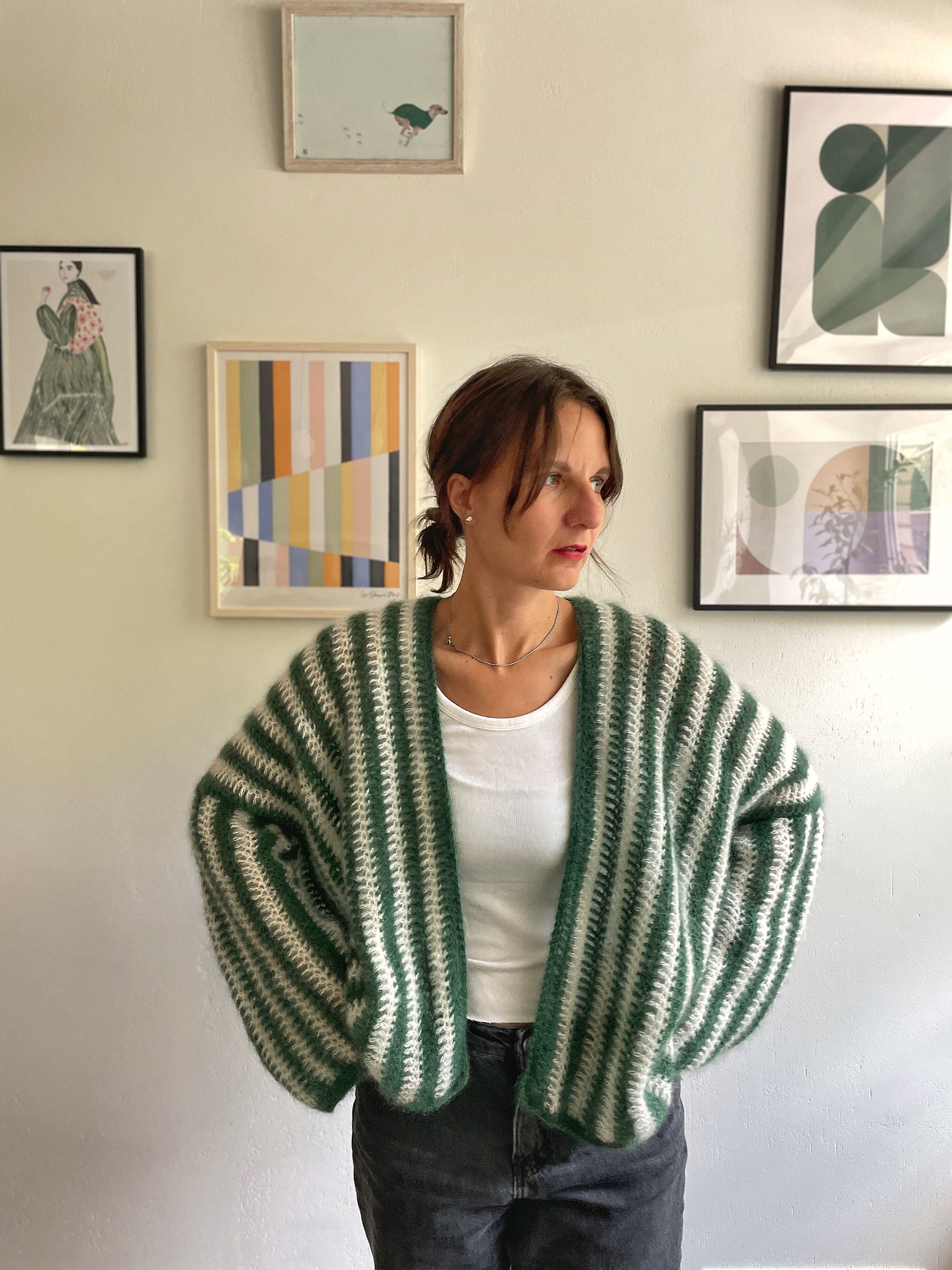 handmade crocheted white and dark green mohair cardigan wrap 