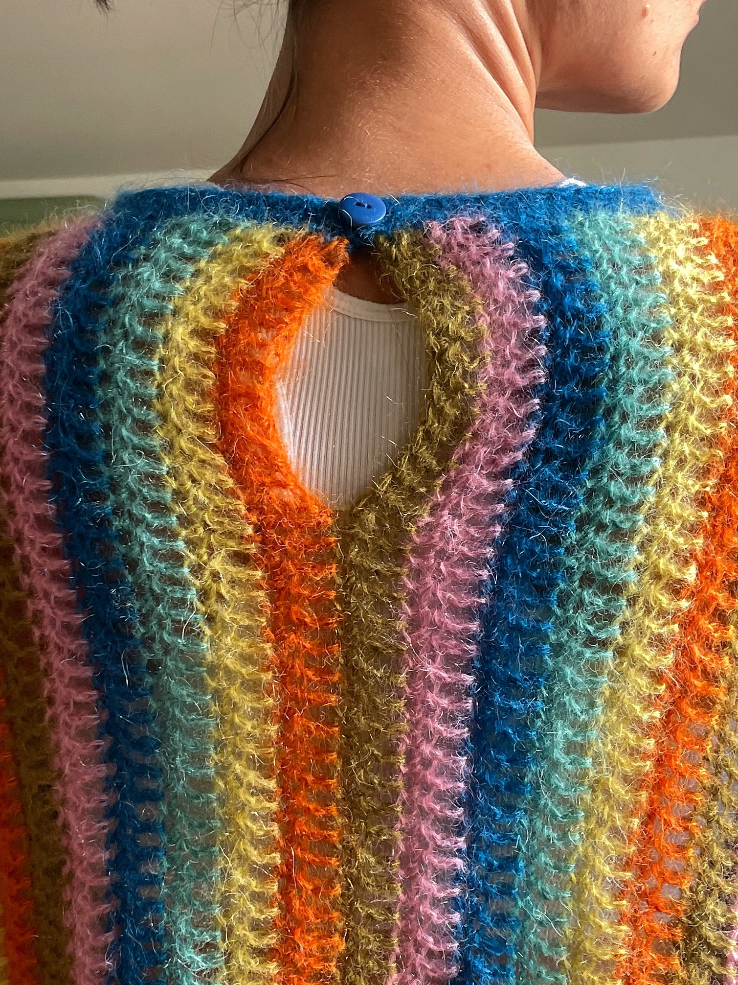 back detail of colourful vertical stripes mohair crochet sweater