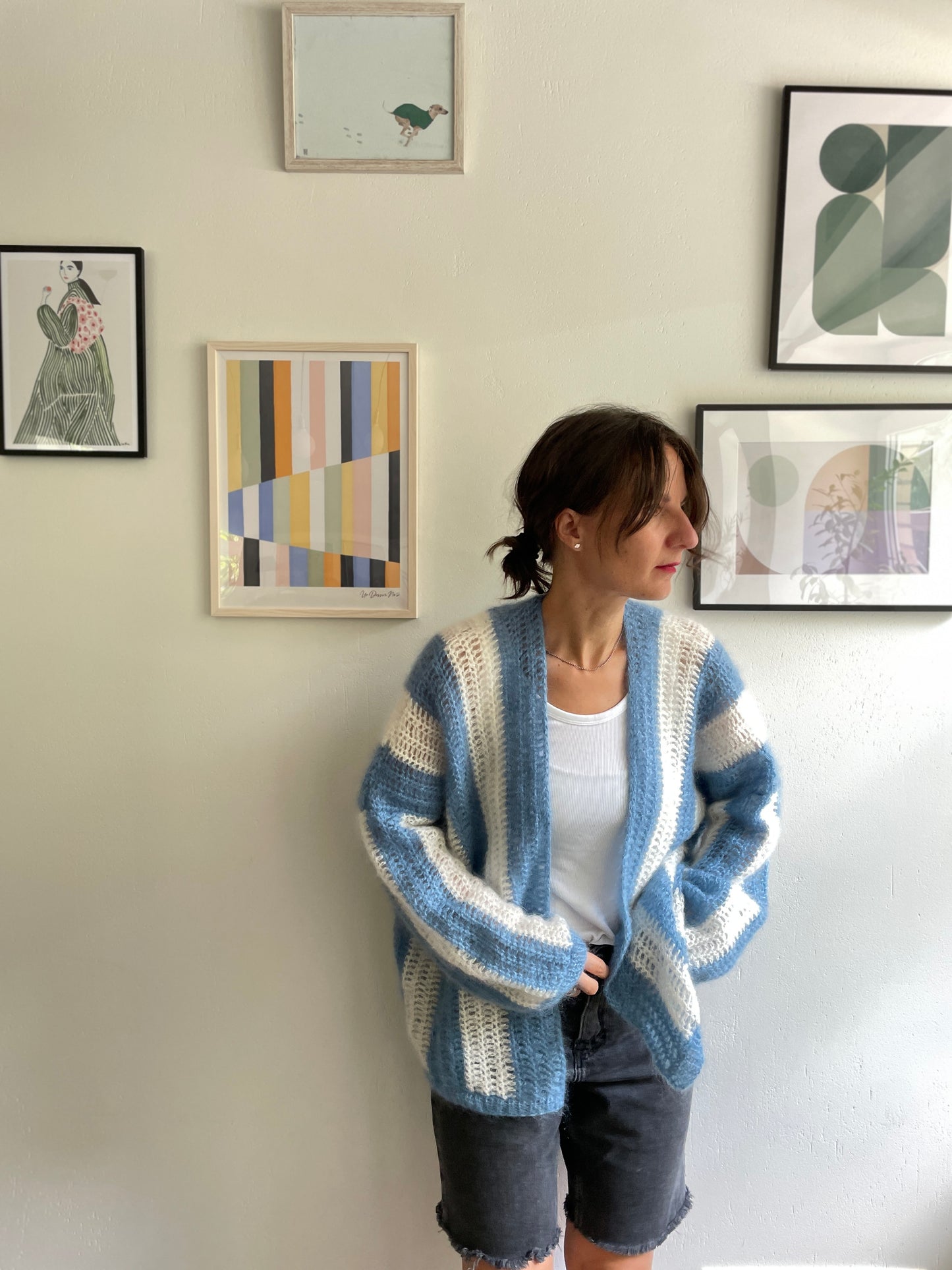 Light blue and white striped mohair cardigan