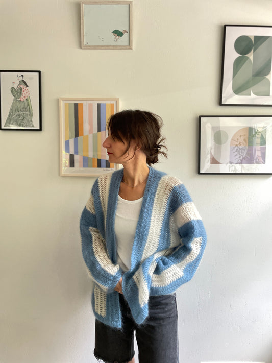 Light blue and white striped mohair cardigan