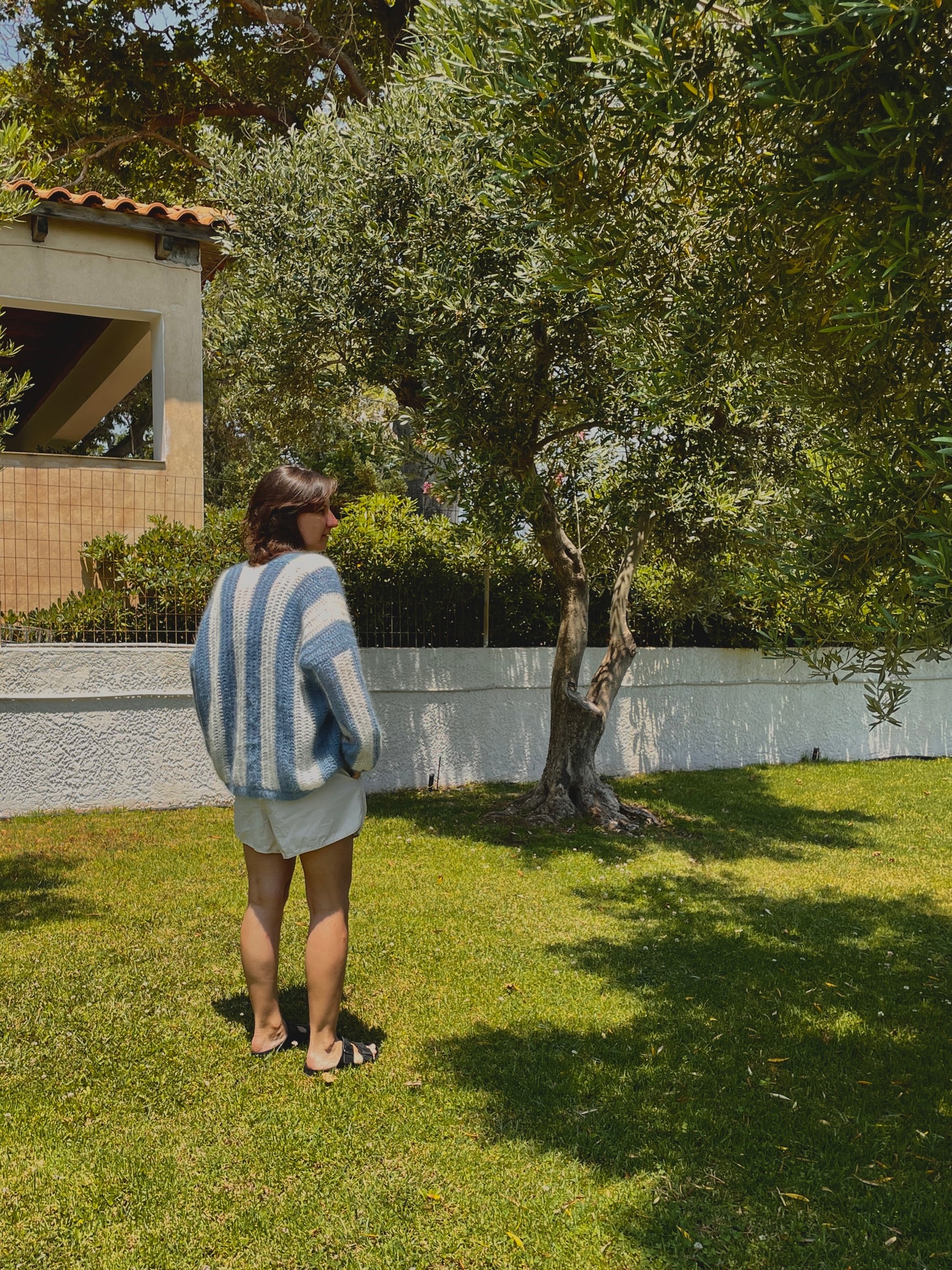 Light blue and white striped mohair cardigan